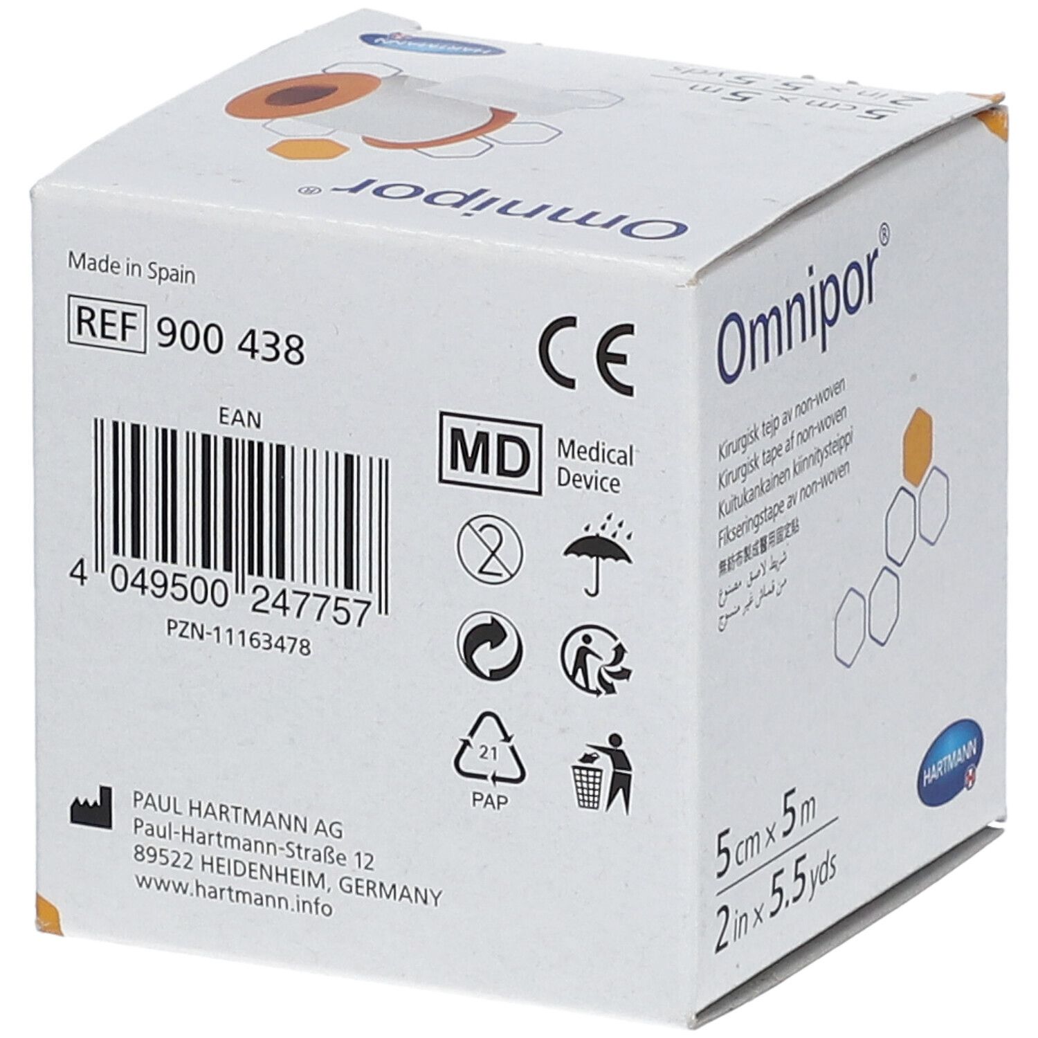 Emballage Omnipor®. 5 cm x 5 m. Informations produit au dos, marquage CE, adresse du fabricant.