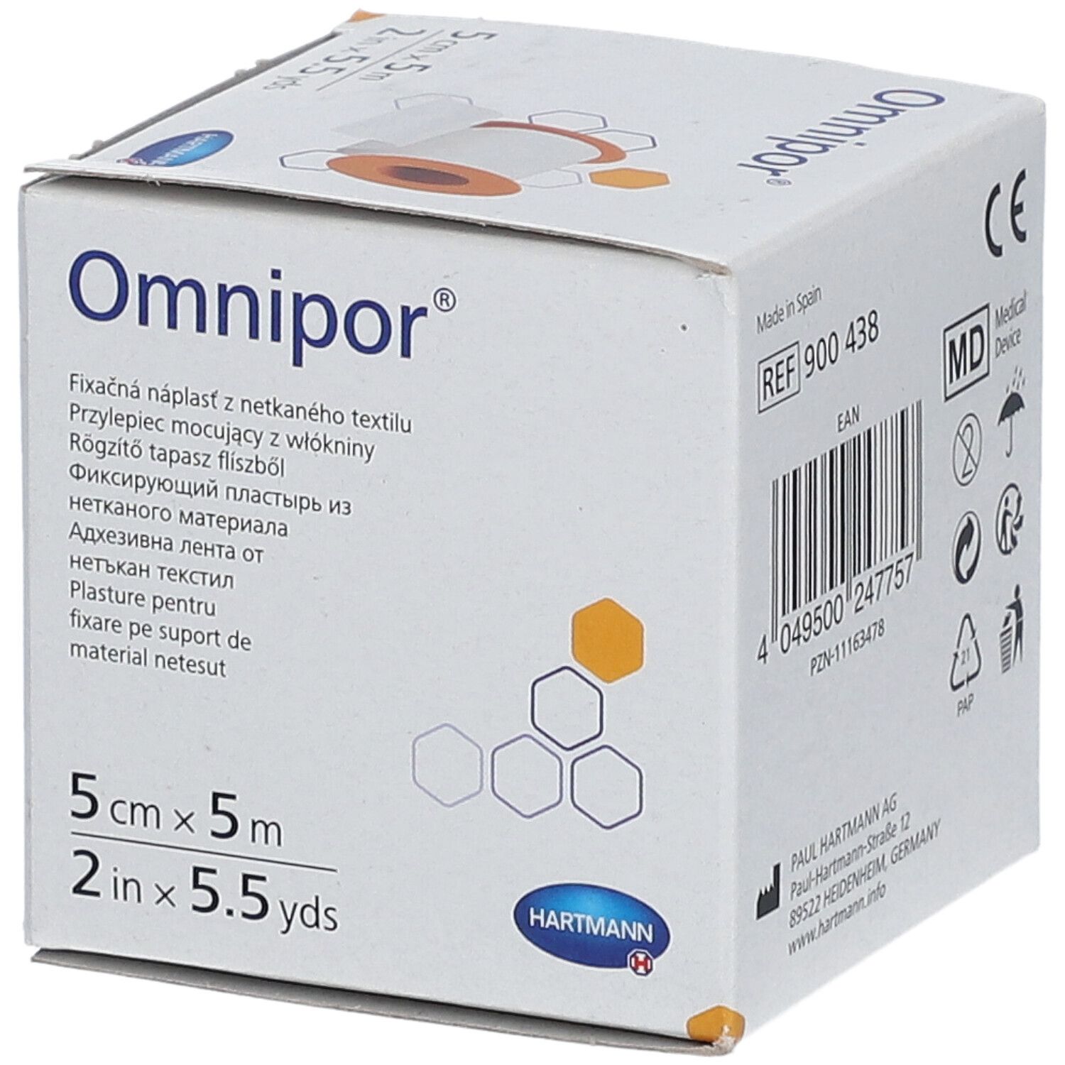 Emballage Omnipor®. 5 cm x 5 m. Désignations multilingues. Marquage CE.