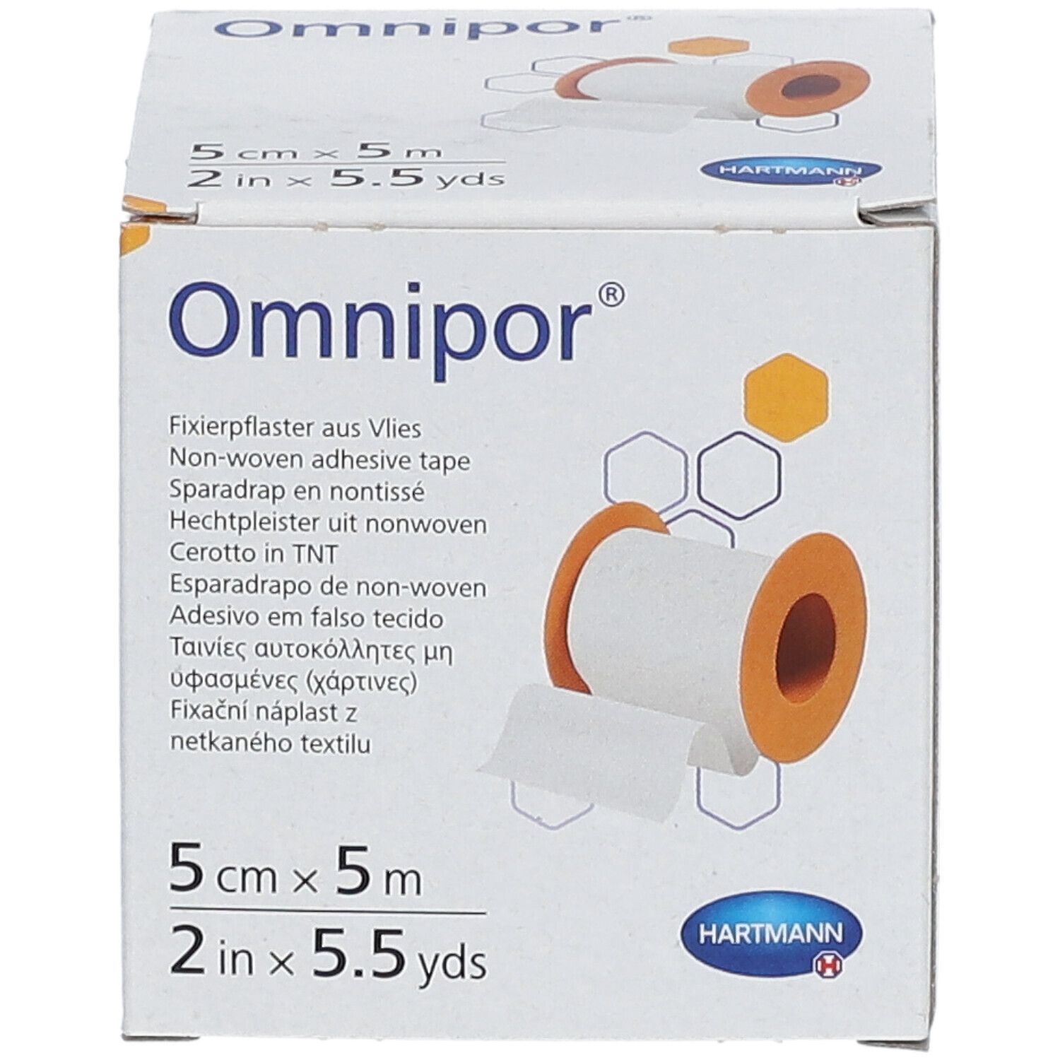 Emballage Omnipor®. 5 cm x 5 m. Non-tissé blanc, noyau orange. Désignations multilingues.