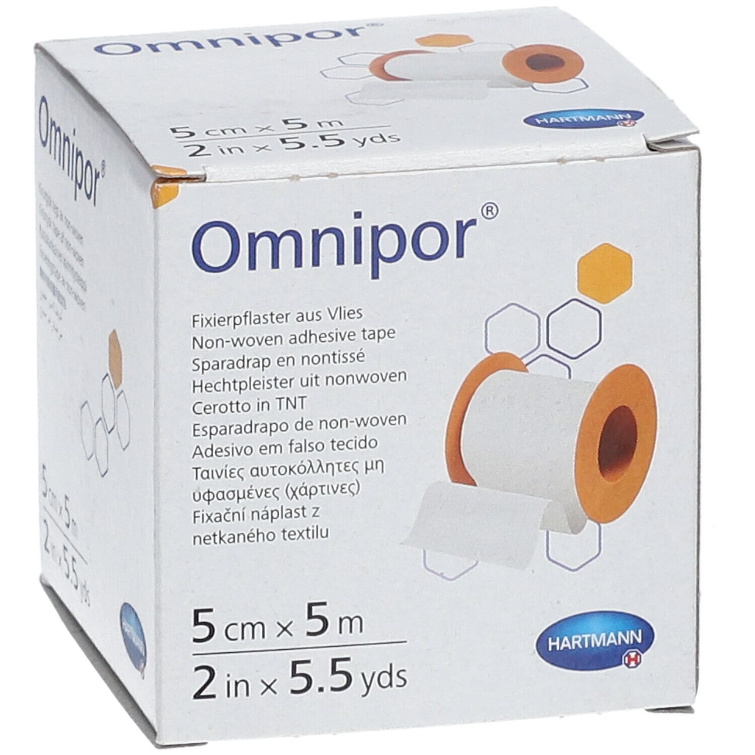 Emballage Omnipor®. 5 cm x 5 m. Non-tissé blanc, noyau orange. Désignations multilingues.