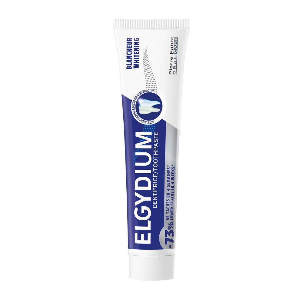 Tube de dentifrice ELGYDIUM, blanc et bleu. Blanches/Whitening. 73% de taches en moins en 4 semaines.