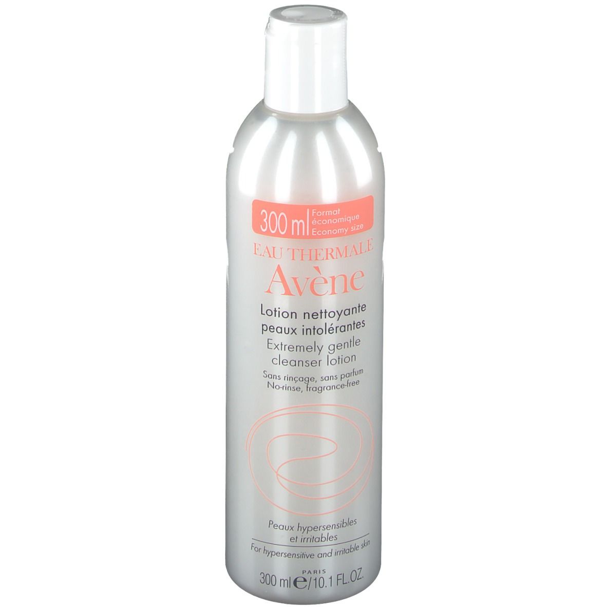 Flacon gris avec bouchon blanc. Inscription: Eau Thermale Avène, lotion nettoyante, 300 ml. Pour peaux hypersensibles.