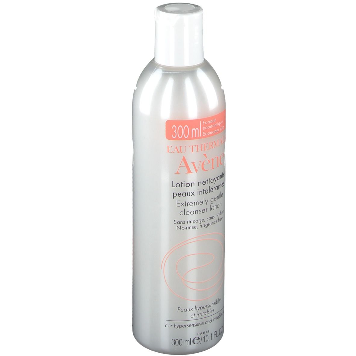 Flacon gris avec bouchon blanc. Inscription: Eau Thermale Avène, lotion nettoyante, 300 ml. Pour peaux hypersensibles.