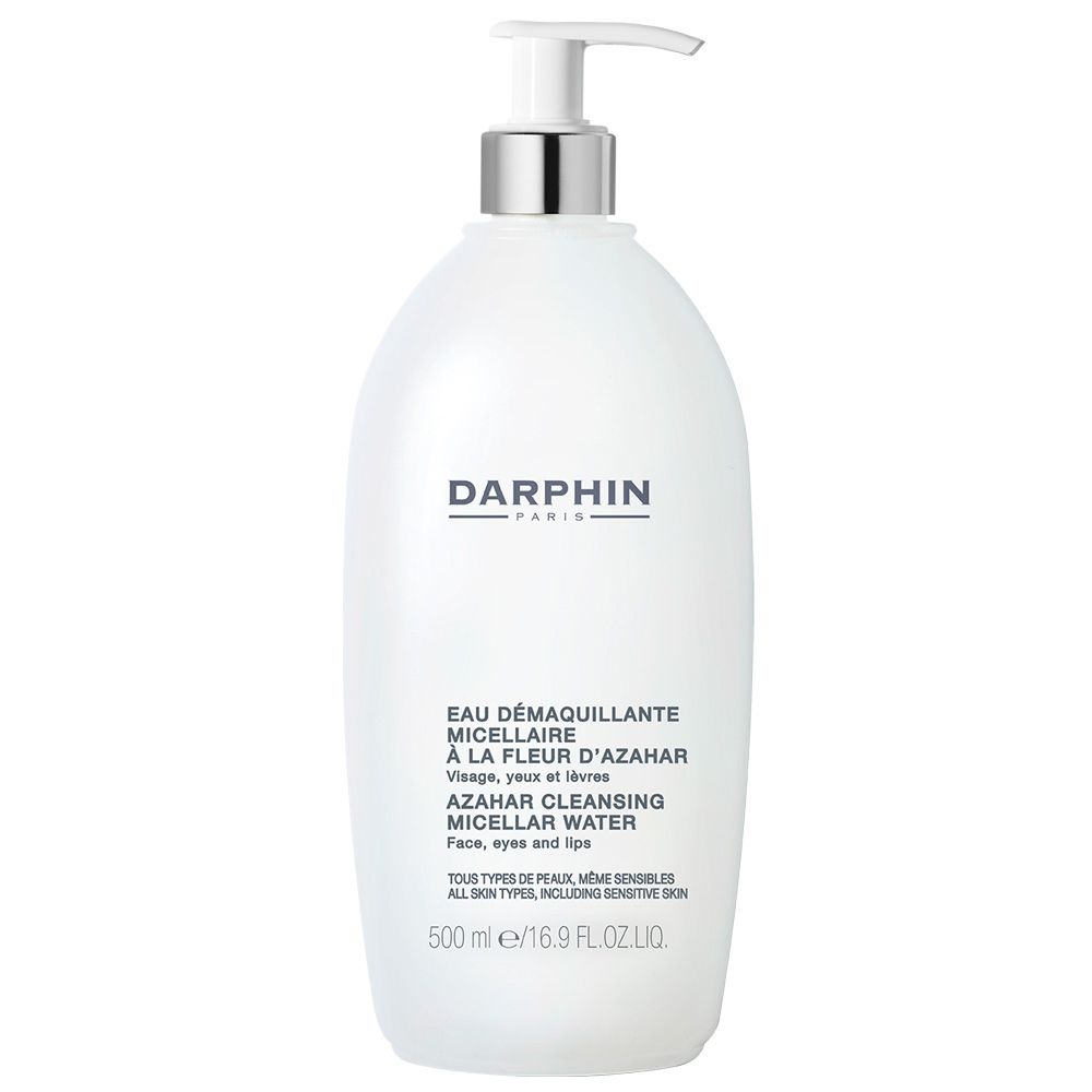 Flacon blanc avec pompe. Logo Darphin et nom du produit. Texte : Eau démaquillante micellaire Azahar. Pour tous types de peaux.