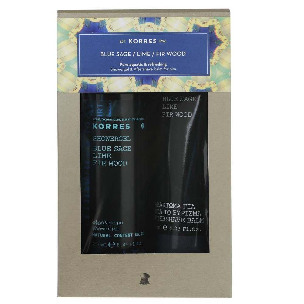 Coffret cadeau avec deux produits. Tubes noirs avec texte blanc. Inscription : KORRES, Showergel, Aftershave Balm. Texte bleu : Blue Sage, Lime, Fir Wood.