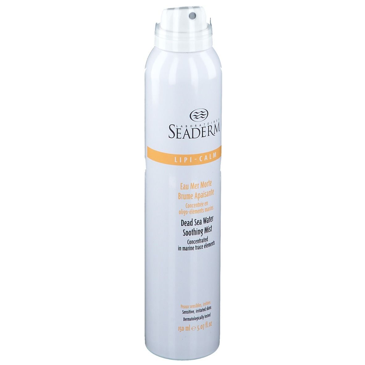 Flacon spray blanc avec informations produit. Inscription: SEADERM Lipi-Calm. Contient de l'eau de la mer Morte. Pour peaux sensibles.