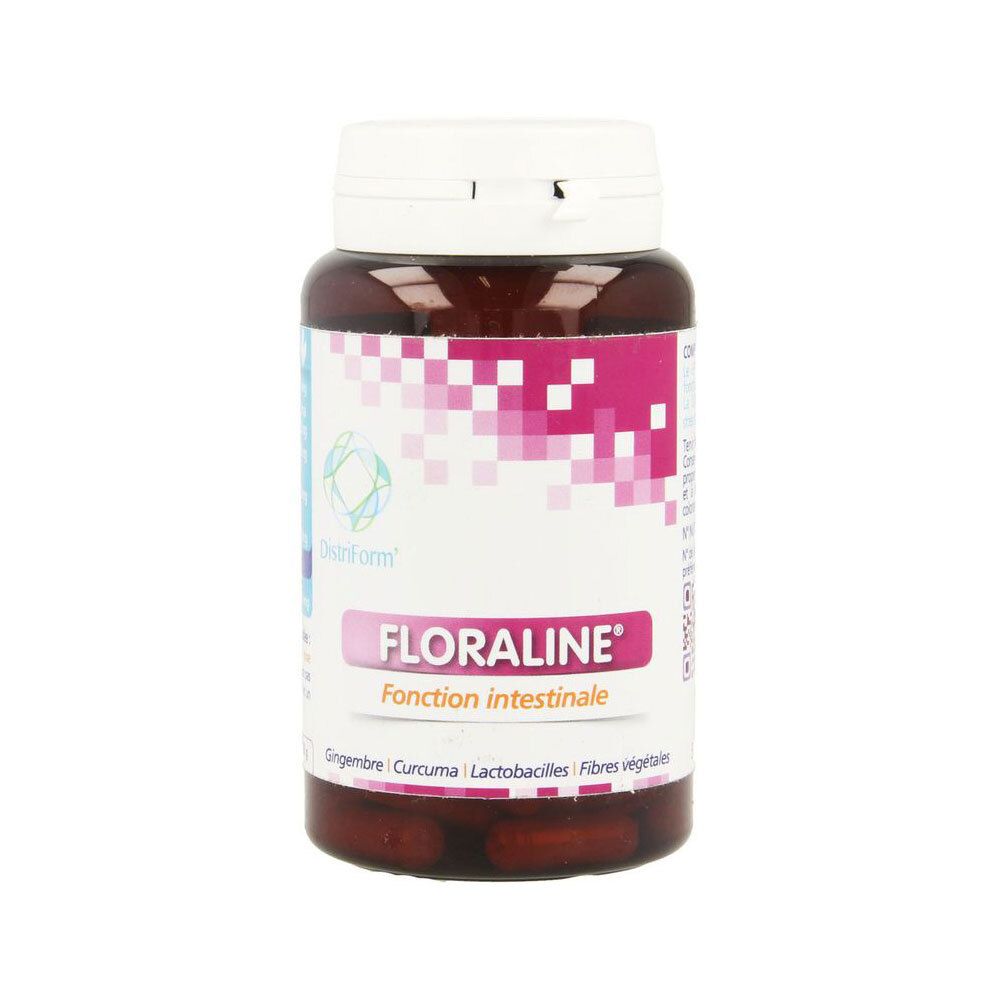 Boîte de pilules brune avec couvercle blanc. Étiquette avec motif pixelisé rose, nom du produit FLORALINE et 'Functie intestinale'.