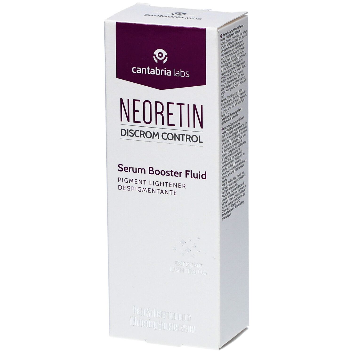 NEORETIN Discrom Control Serum Booster Fluid. Emballage blanc. Nom du produit, logo et texte visibles. Forme carrée.