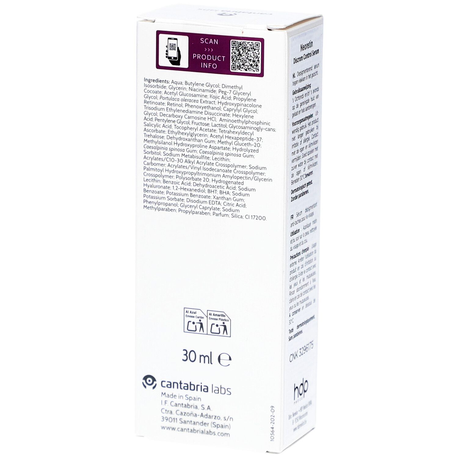 NEORETIN Discrom Control Serum Booster Fluid. Emballage, dos. Ingrédients, texte et logo visibles. 30 ml.