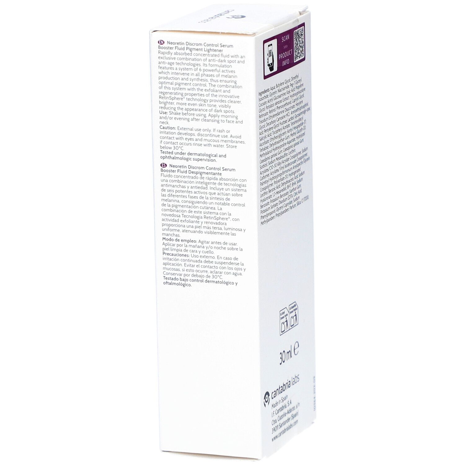NEORETIN Discrom Control Serum Booster Fluid. Emballage, dos. Texte et logo visibles. 30 ml. Vue détaillée.