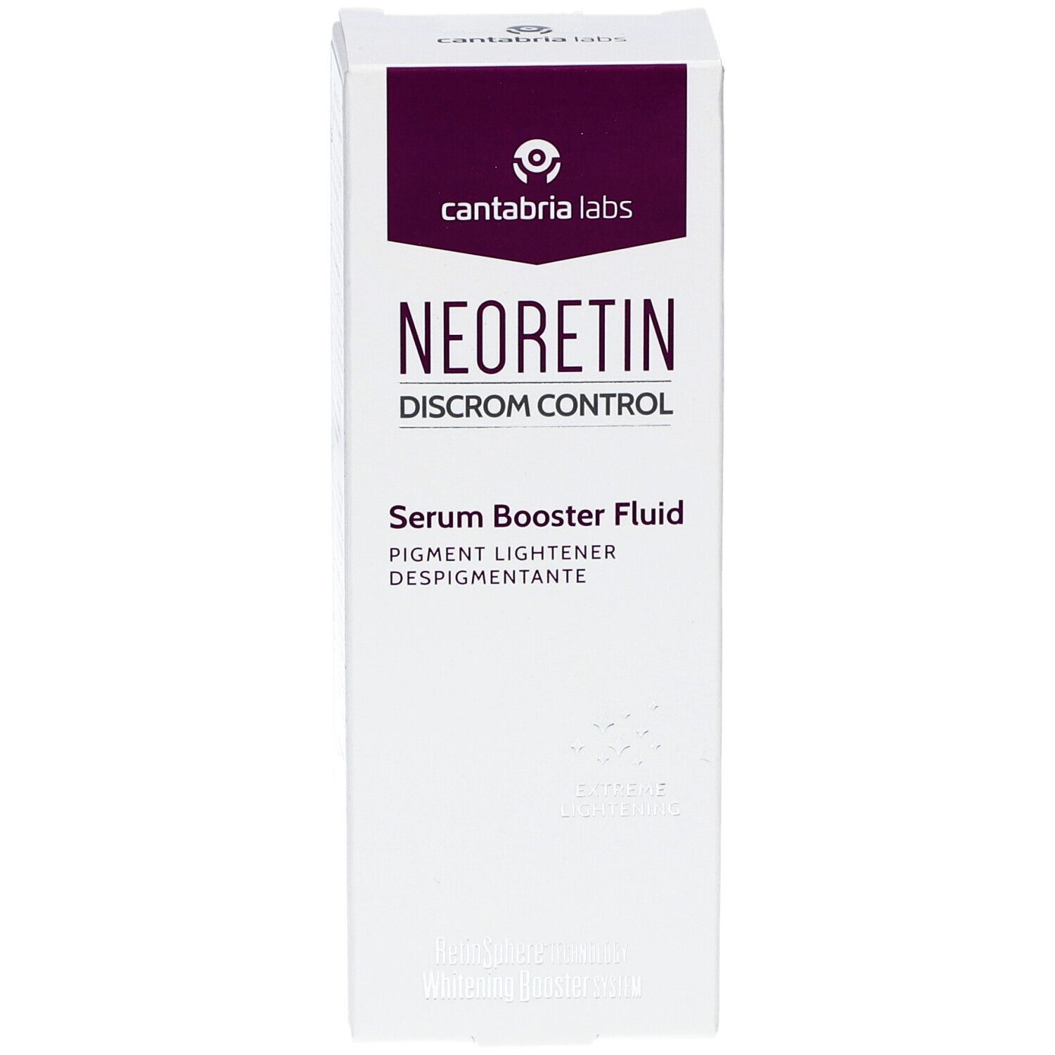 NEORETIN Discrom Control Serum Booster Fluid. Emballage, vue latérale. Texte et logo visibles. Blanc avec accents violets.