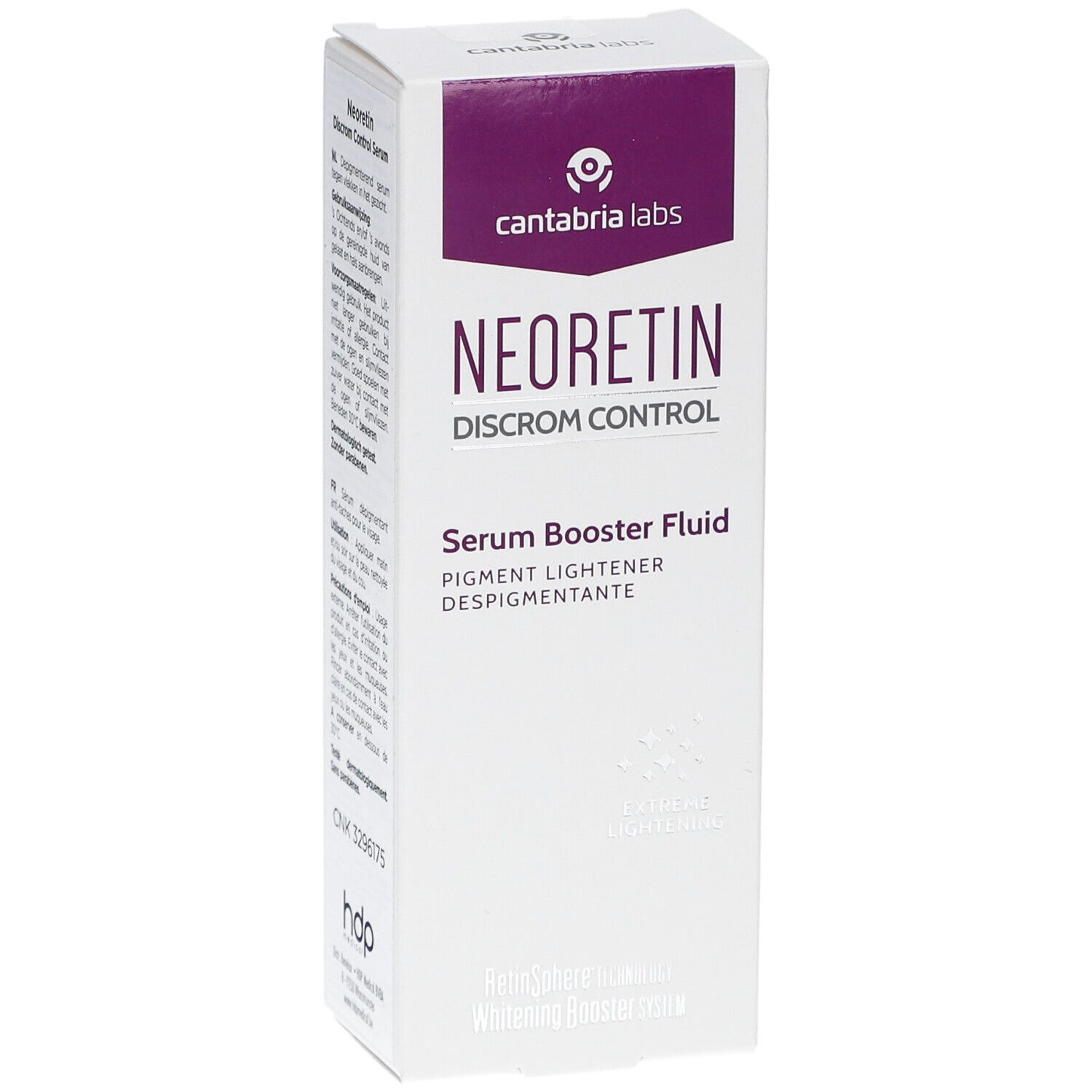 NEORETIN Discrom Control Serum Booster Fluid. Emballage blanc. Nom du produit, logo et texte visibles. Forme carrée.