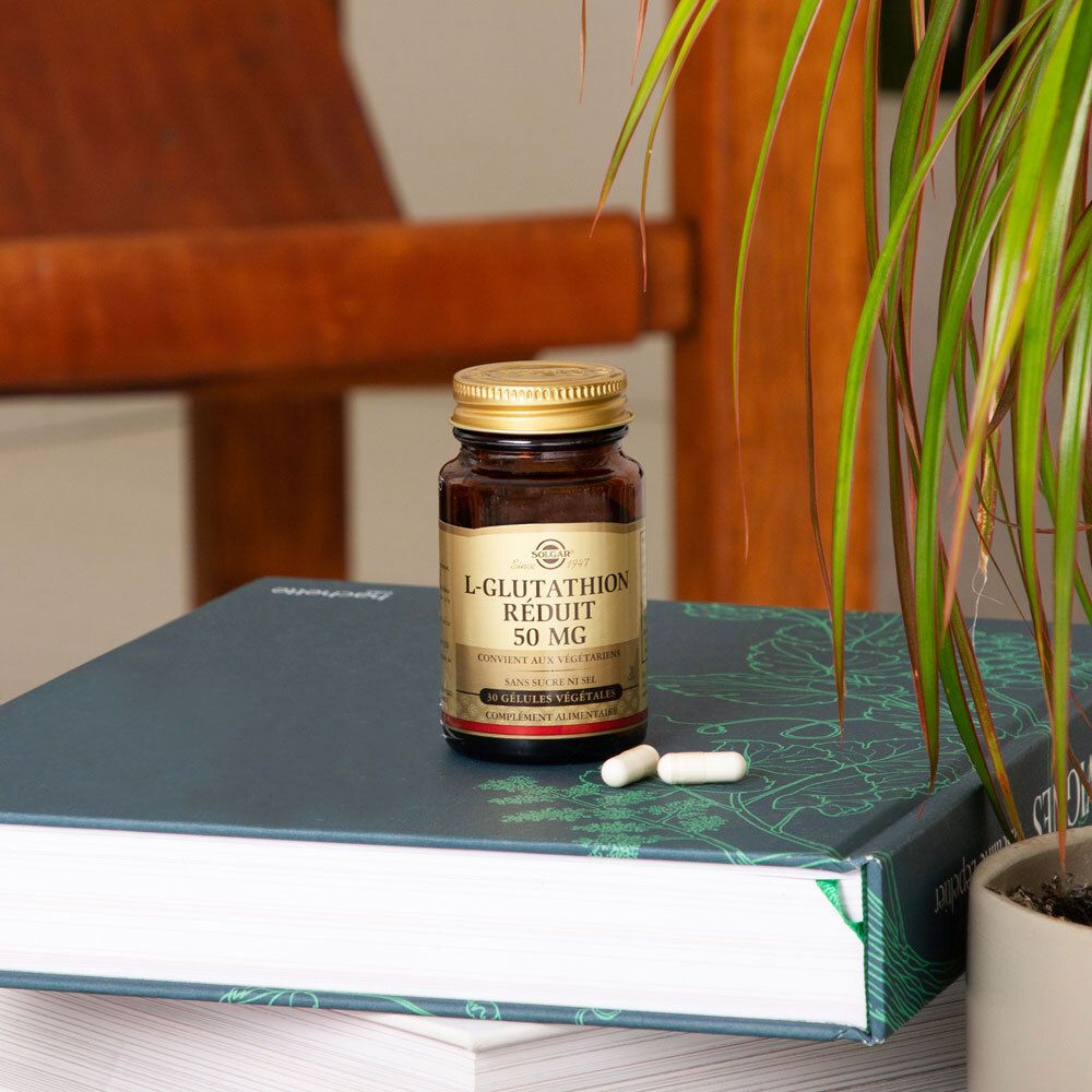 Flacon brun avec gélules sur un livre. Plante en arrière-plan.