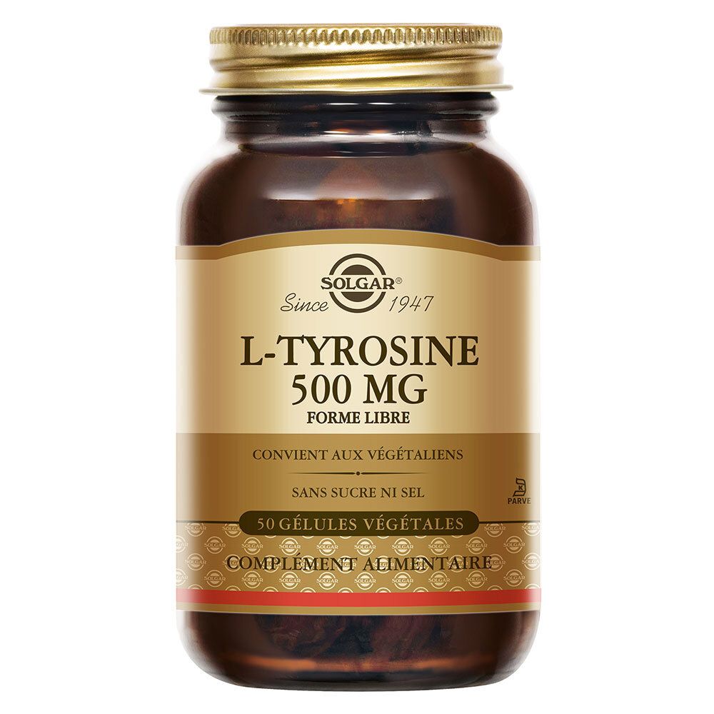 Flacon en verre brun avec bouchon doré. Étiquette "L-Tyrosine 500 MG" et "50 Gélules Végétales".