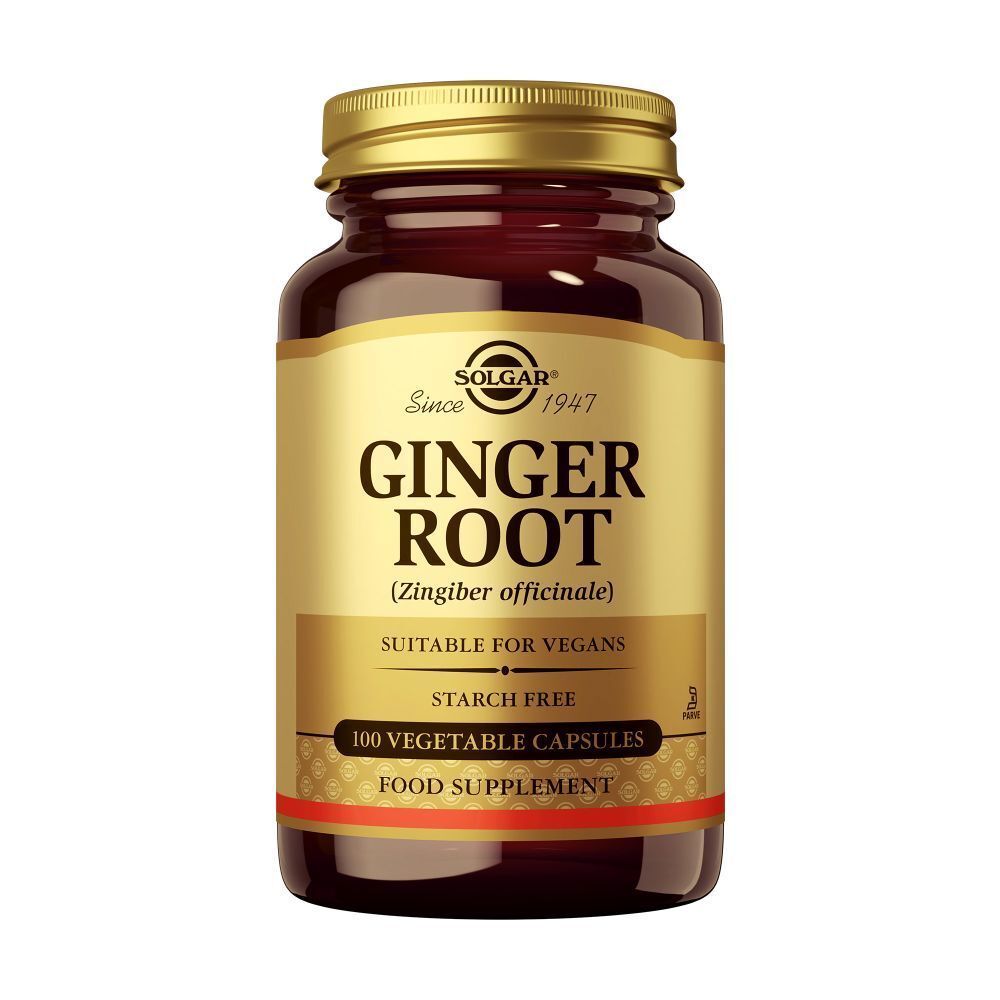 Solgar® Ginger Root. Flacon en verre brun avec couvercle doré. Étiquette avec informations produit. 100 gélules. Convient aux végétaliens.