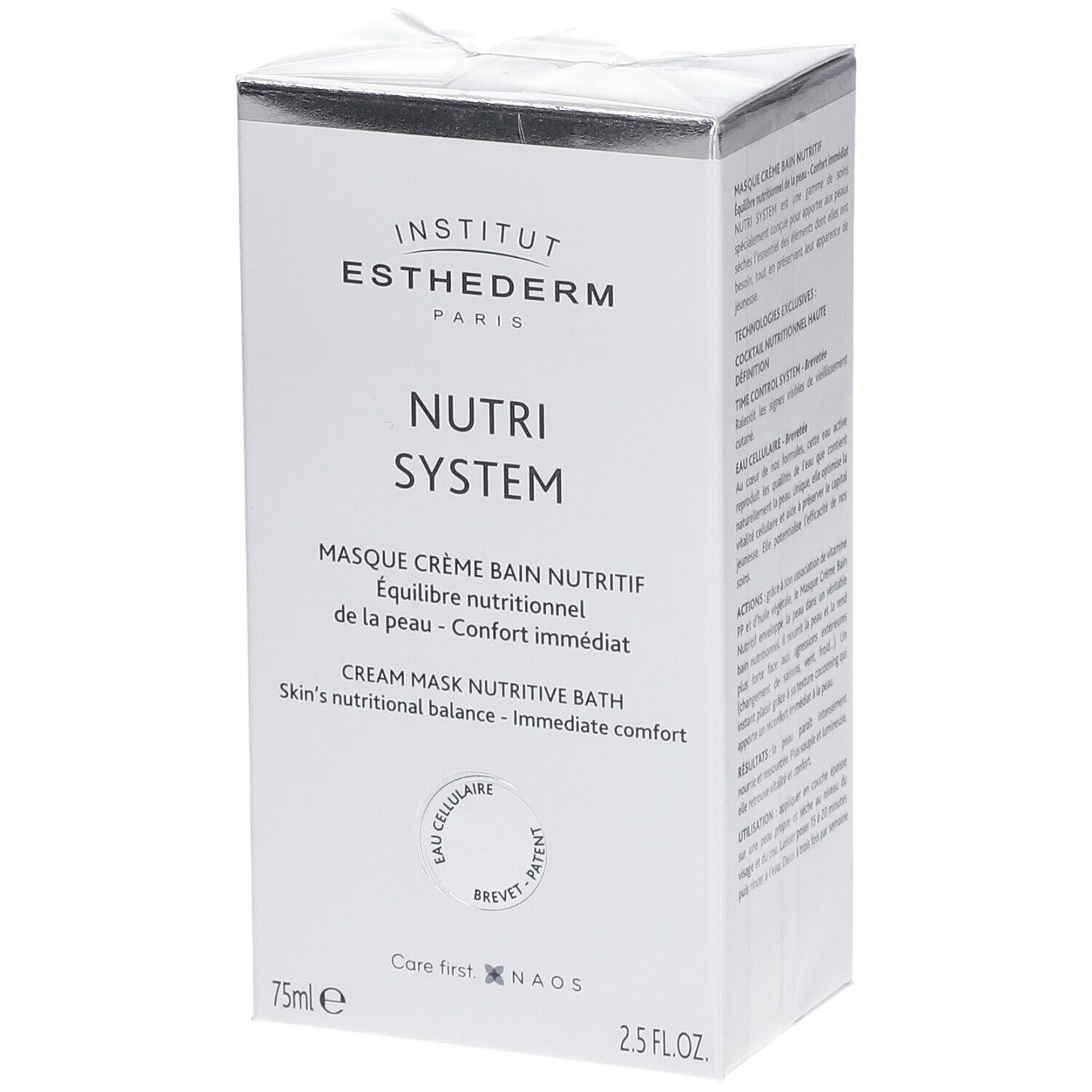 Boîte blanche avec logo et nom du produit. Texte: Nutri System, Masque Crème Bain Nutritif. 75ml, 2.5 FL.OZ.