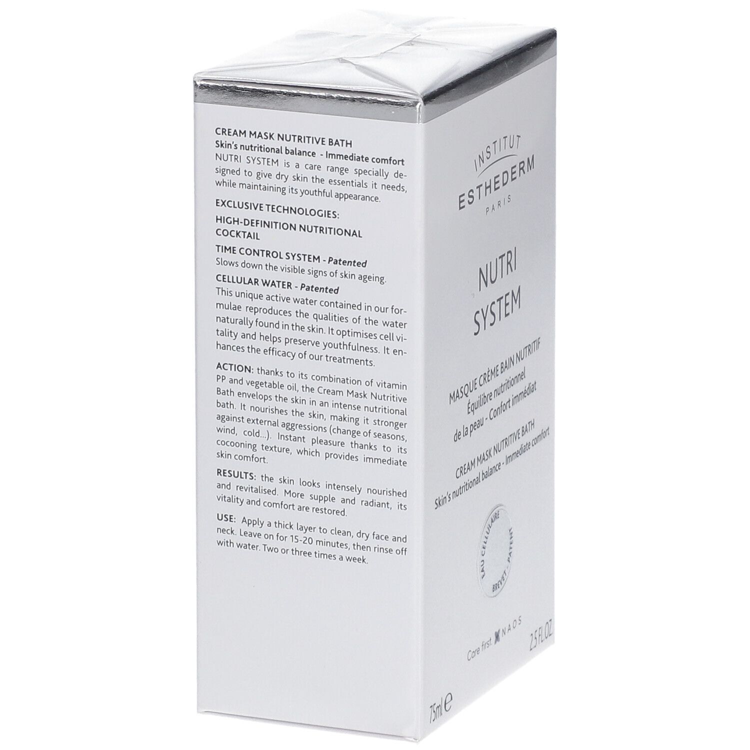 Boîte blanche, texte sur le côté: Creme Mask Nutritive Bath, technologies exclusives, Time Control System, Cellular Water.