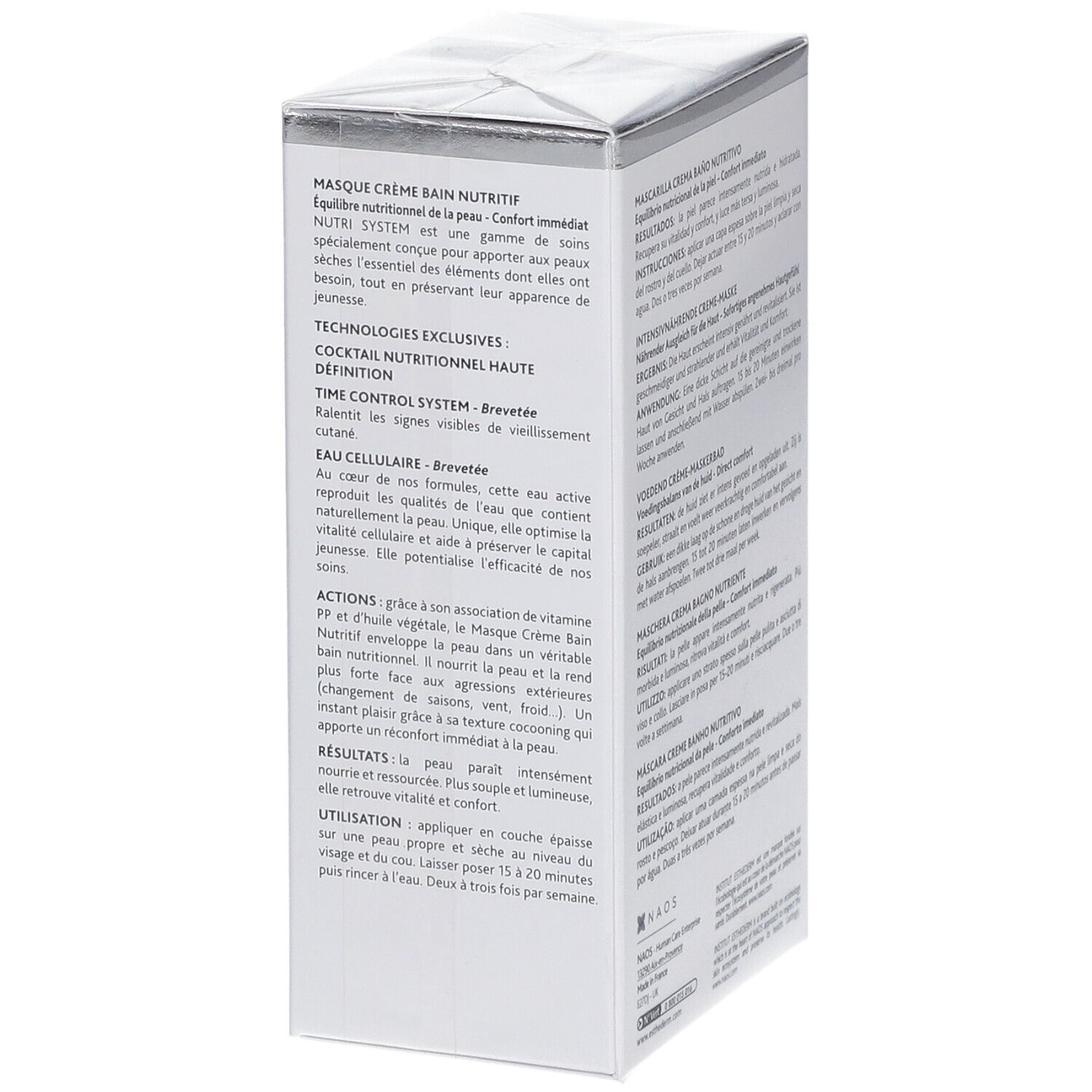 Boîte blanche, texte sur le côté: Masque Crème Bain Nutritif, technologies exclusives, Time Control System, Cellular Water.