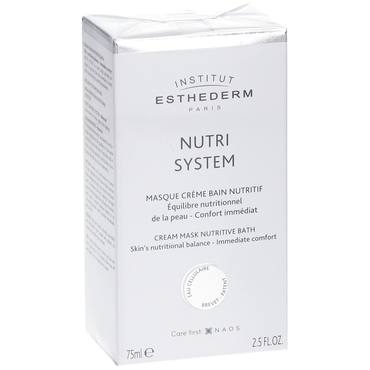 Boîte blanche avec logo et nom du produit. Texte: Nutri System, Masque Crème Bain Nutritif. 75ml, 2.5 FL.OZ.