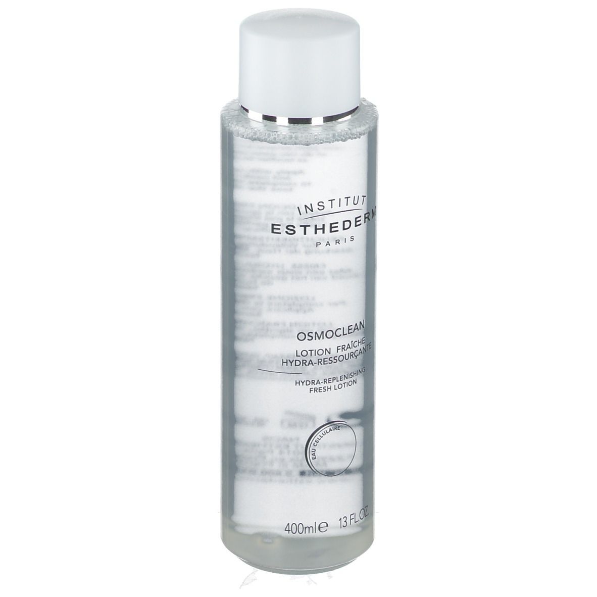 Flacon transparent avec bouchon blanc. Étiquette avec texte. INSTITUT ESTHEDERM et OSMOCLEAN visibles. Flacon debout.