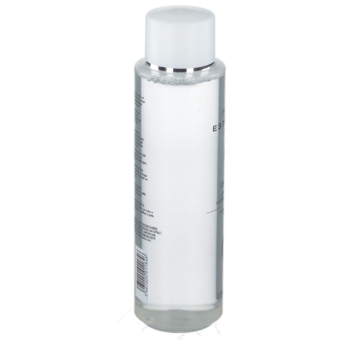 Flacon transparent avec bouchon blanc. Étiquette avec texte. INSTITUT ESTHEDERM visible. Flacon posé sur fond blanc.