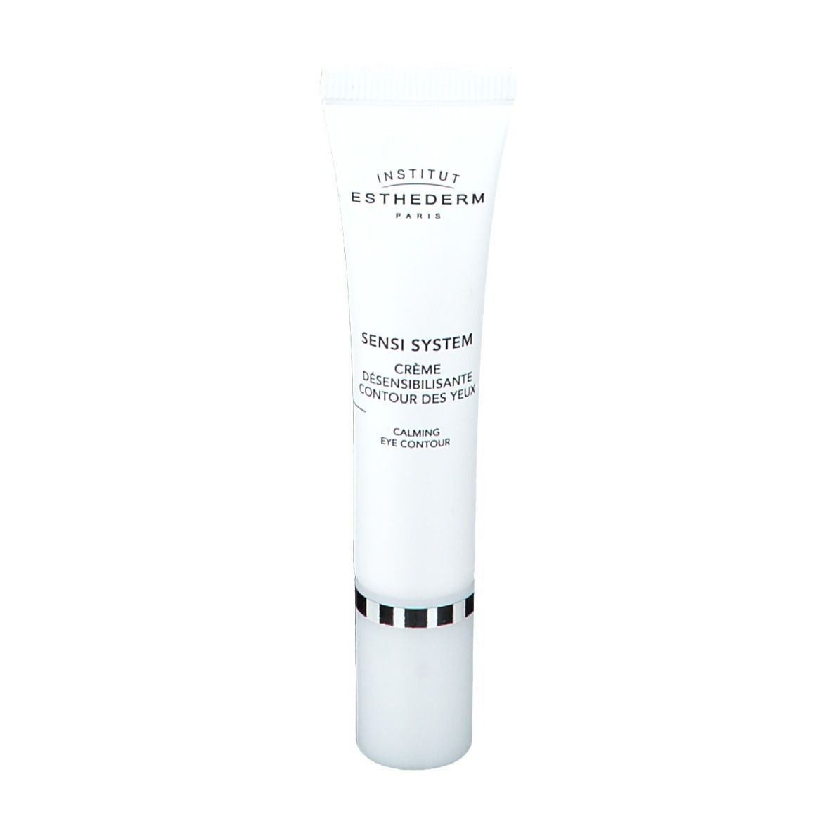 Tube blanc avec bouchon noir. Inscription: INSTITUT ESTHEDERM PARIS, SENSI SYSTEM, CRÈME DÉSENSIBILISANTE CONTOUR DES YEUX, CALMING EYE CONTOUR.
