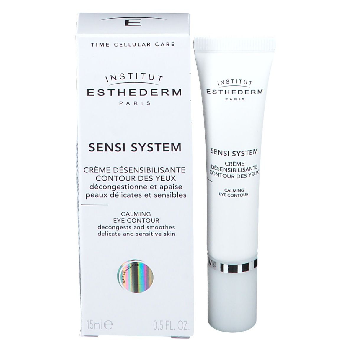 Produit et emballage. Tube blanc à côté d'une boîte blanche. Inscription: INSTITUT ESTHEDERM, SENSI SYSTEM, CRÈME DÉSENSIBILISANTE CONTOUR DES YEUX.