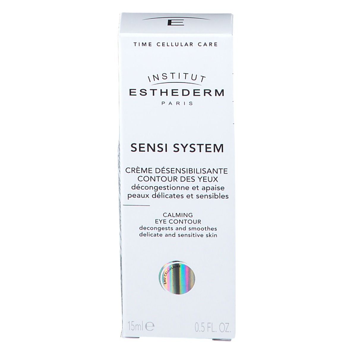 Boîte blanche avec inscription: INSTITUT ESTHEDERM, SENSI SYSTEM, CRÈME DÉSENSIBILISANTE CONTOUR DES YEUX. Logo en haut à gauche.