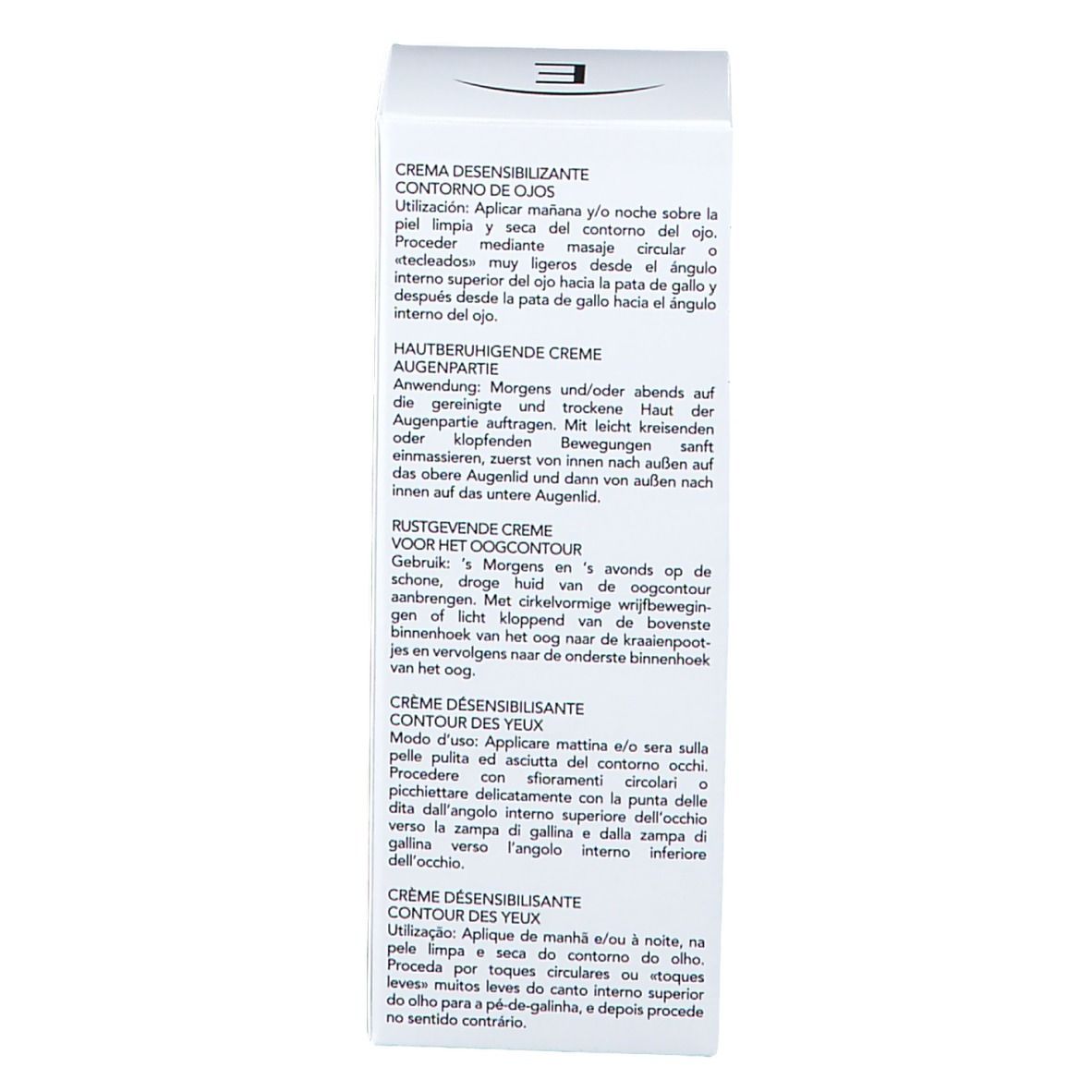 Dos de la boîte blanche. Informations produit multilingues et instructions d'utilisation. Ingrédients.