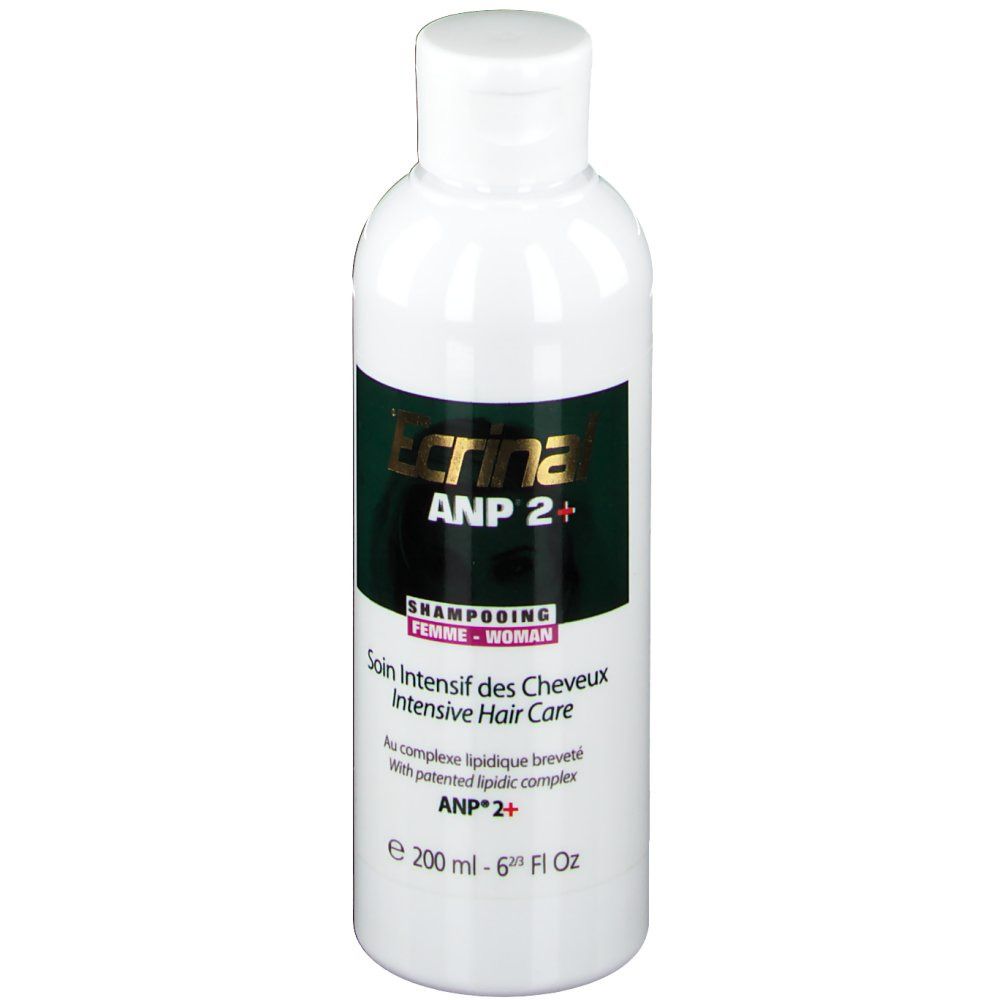 Ecrinal ANP 2+ Shampooing Femme. Bouteille blanche avec étiquette verte. Texte: Soin Intensif des Cheveux, Shampooing Femme.