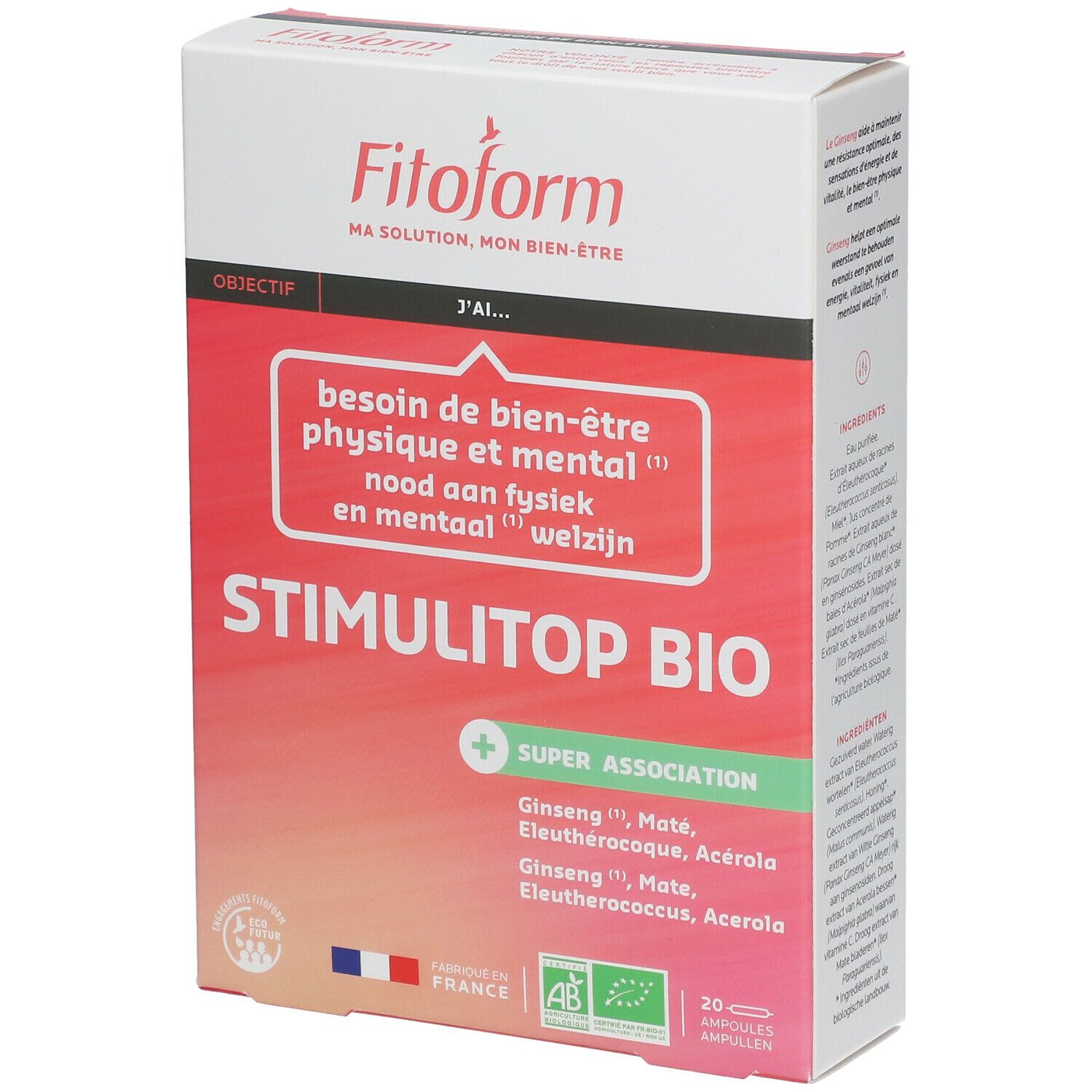 Boîte STIMULITOP BIO avec 20 ampoules. Inscriptions : Fitoform, AB, Fabriqué en France. Ingrédients : Ginseng, Maté, Éleuthérocoque, Acérola.