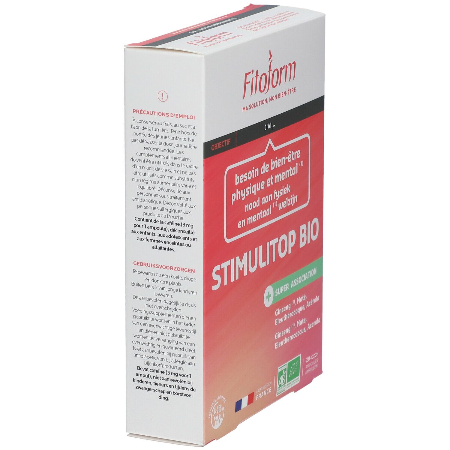 Emballage STIMULITOP BIO. Inscriptions : Fitoform, AB, Fabriqué en France. Contient 20 ampoules. Texte en français et néerlandais.