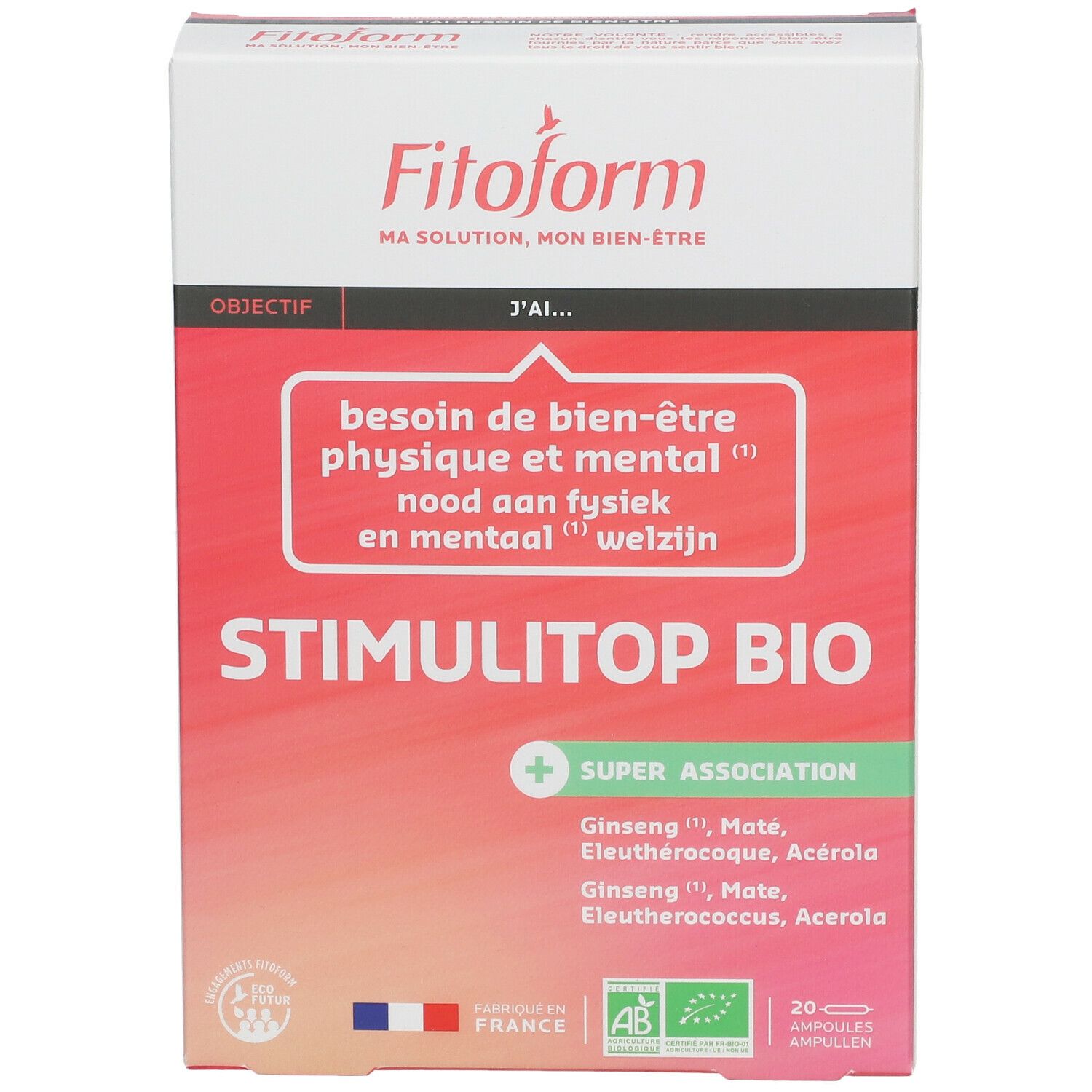 Boîte STIMULITOP BIO avec 20 ampoules. Inscriptions : Fitoform, AB, Fabriqué en France. Ingrédients : Ginseng, Maté, Éleuthérocoque, Acérola.