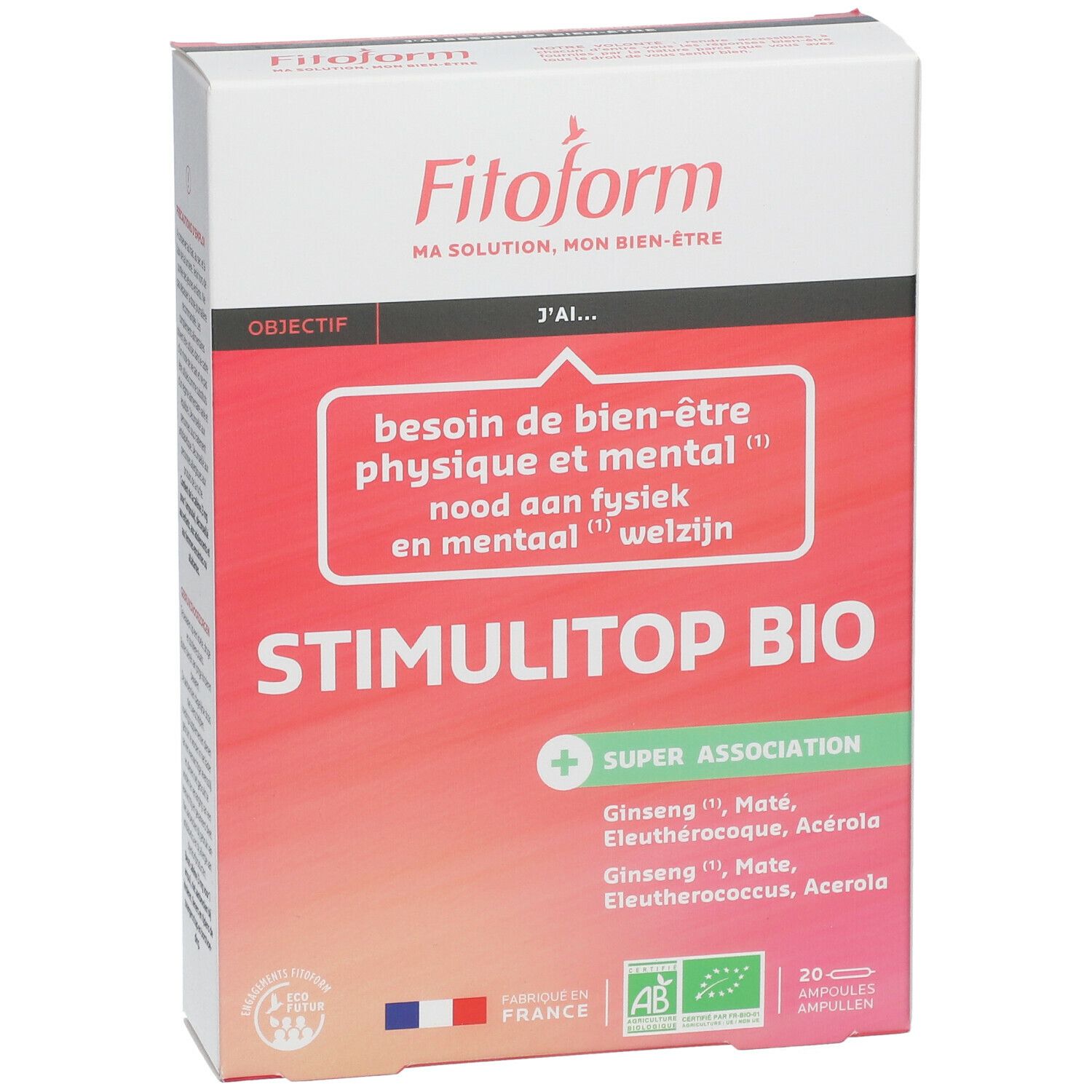 Boîte STIMULITOP BIO avec 20 ampoules. Inscriptions : Fitoform, AB, Fabriqué en France. Ingrédients : Ginseng, Maté, Éleuthérocoque, Acérola.