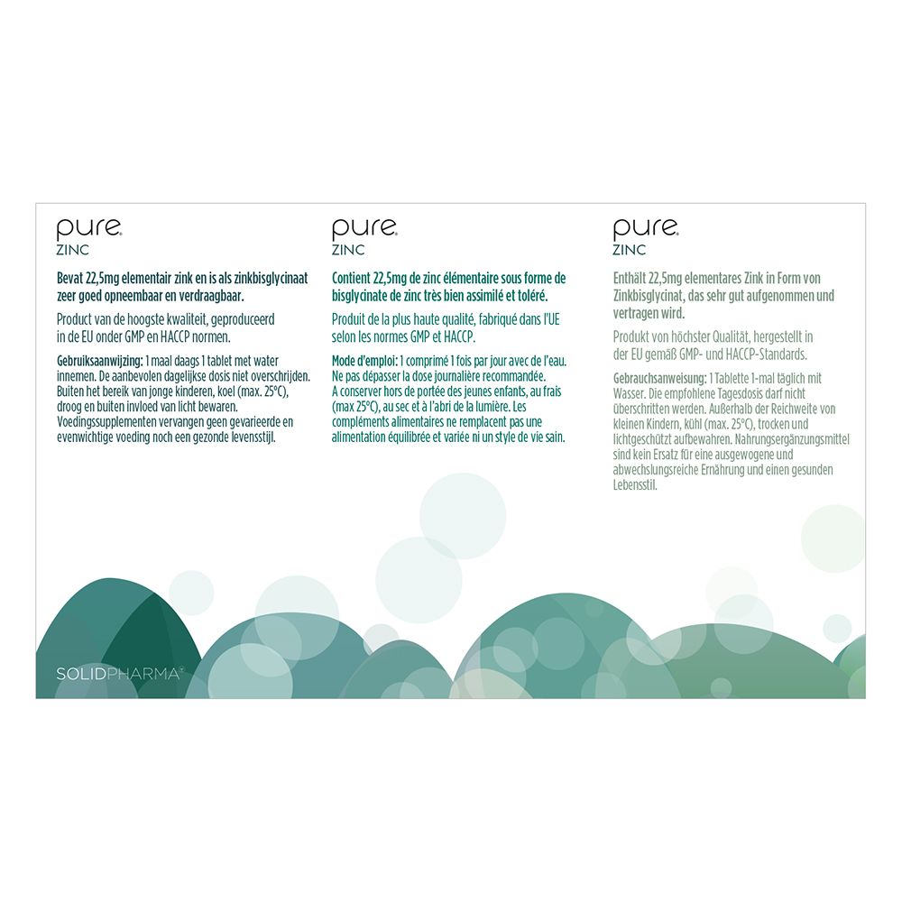 Dos de l'emballage "pure ZINC". Texte en néerlandais, français et allemand. 60 comprimés.