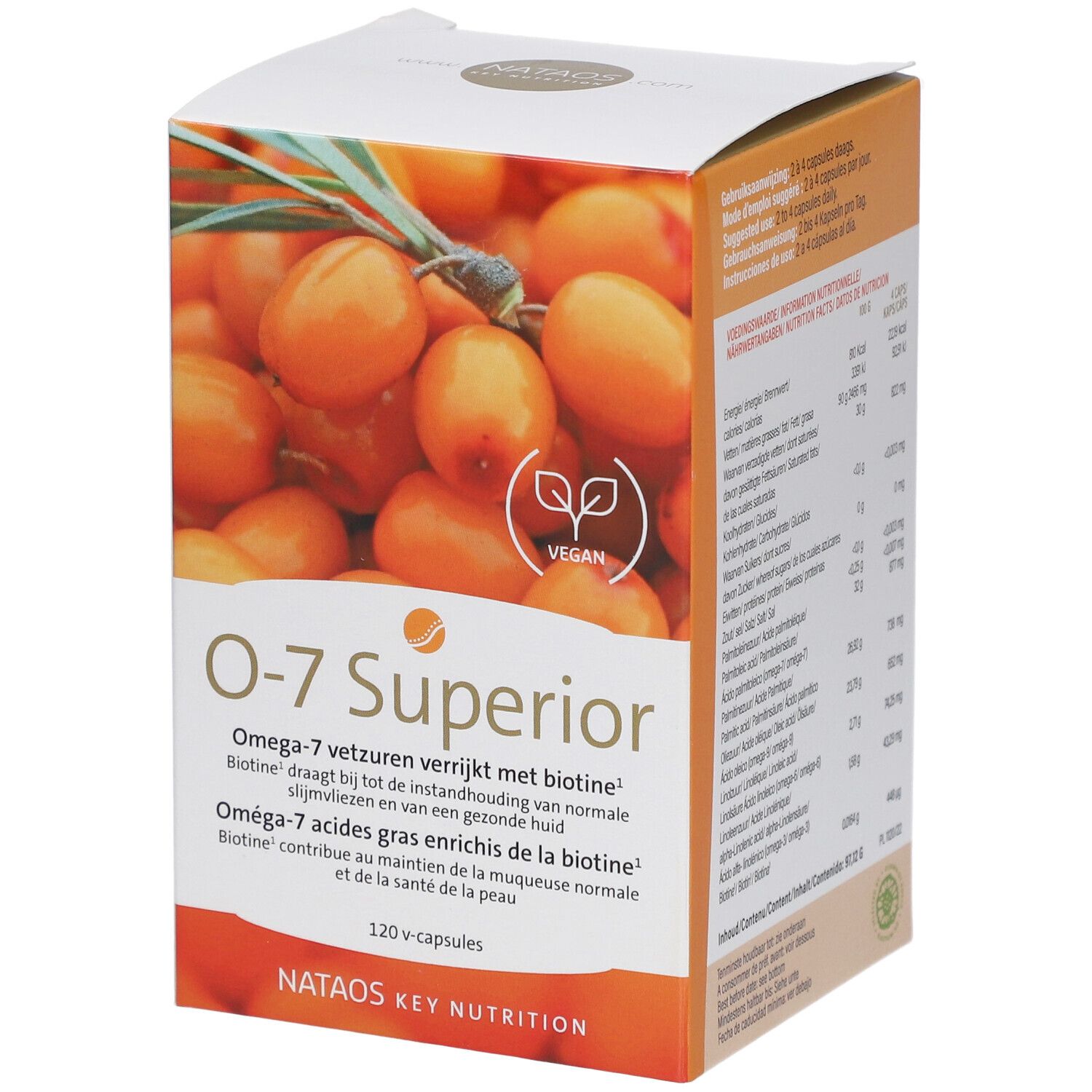 Boîte de capsules O-7 Superior. Illustration de baies d'argousier. Logo végan. Texte : Omega-7, biotine, 120 capsules. Marque : Nataos Key Nutrition.
