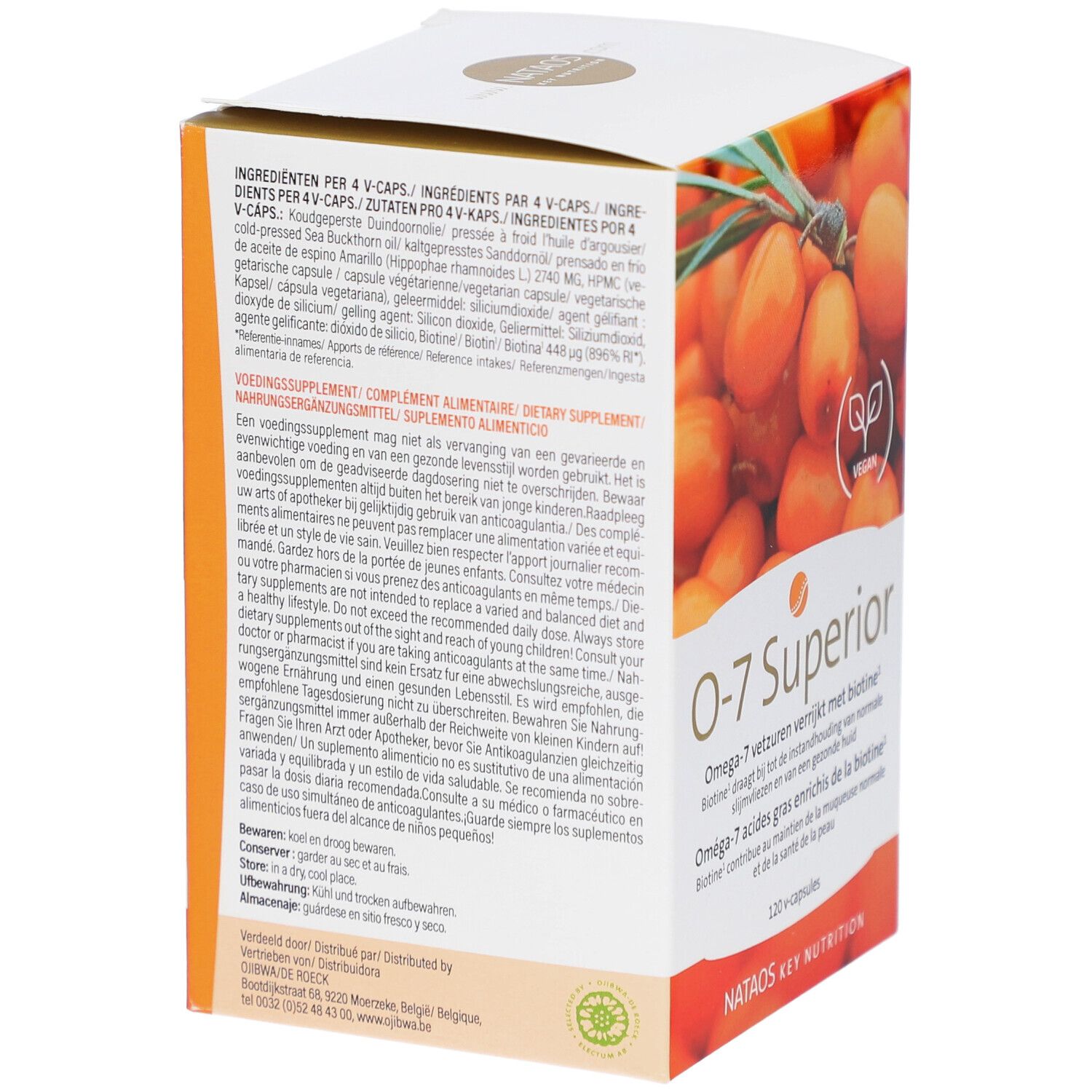 Dos de la boîte de capsules O-7 Superior. Texte : ingrédients, informations nutritionnelles, conseils d'utilisation. Logo végan. Marque : Nataos Key Nutrition.