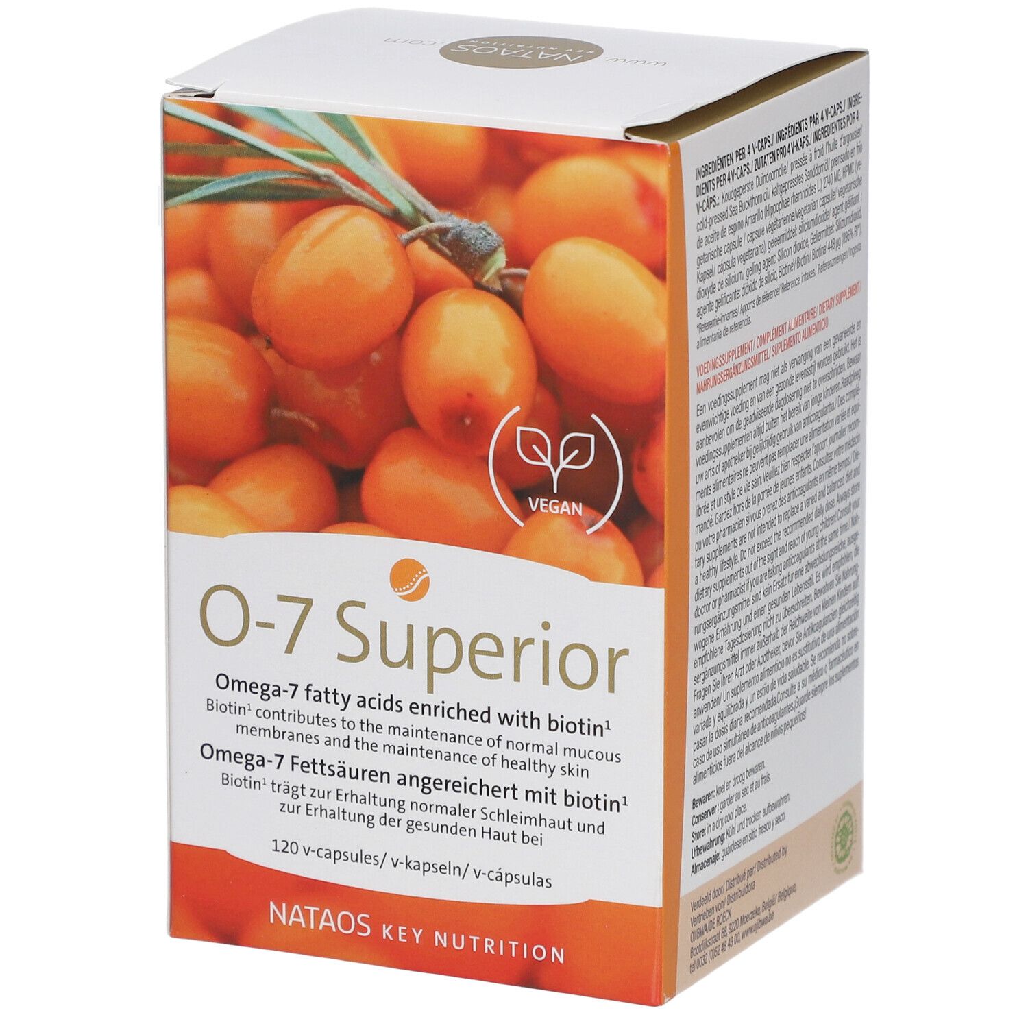 Boîte de capsules O-7 Superior. Illustration de baies d'argousier. Logo végan. Texte : Omega-7, biotine, 120 capsules. Marque : Nataos Key Nutrition.