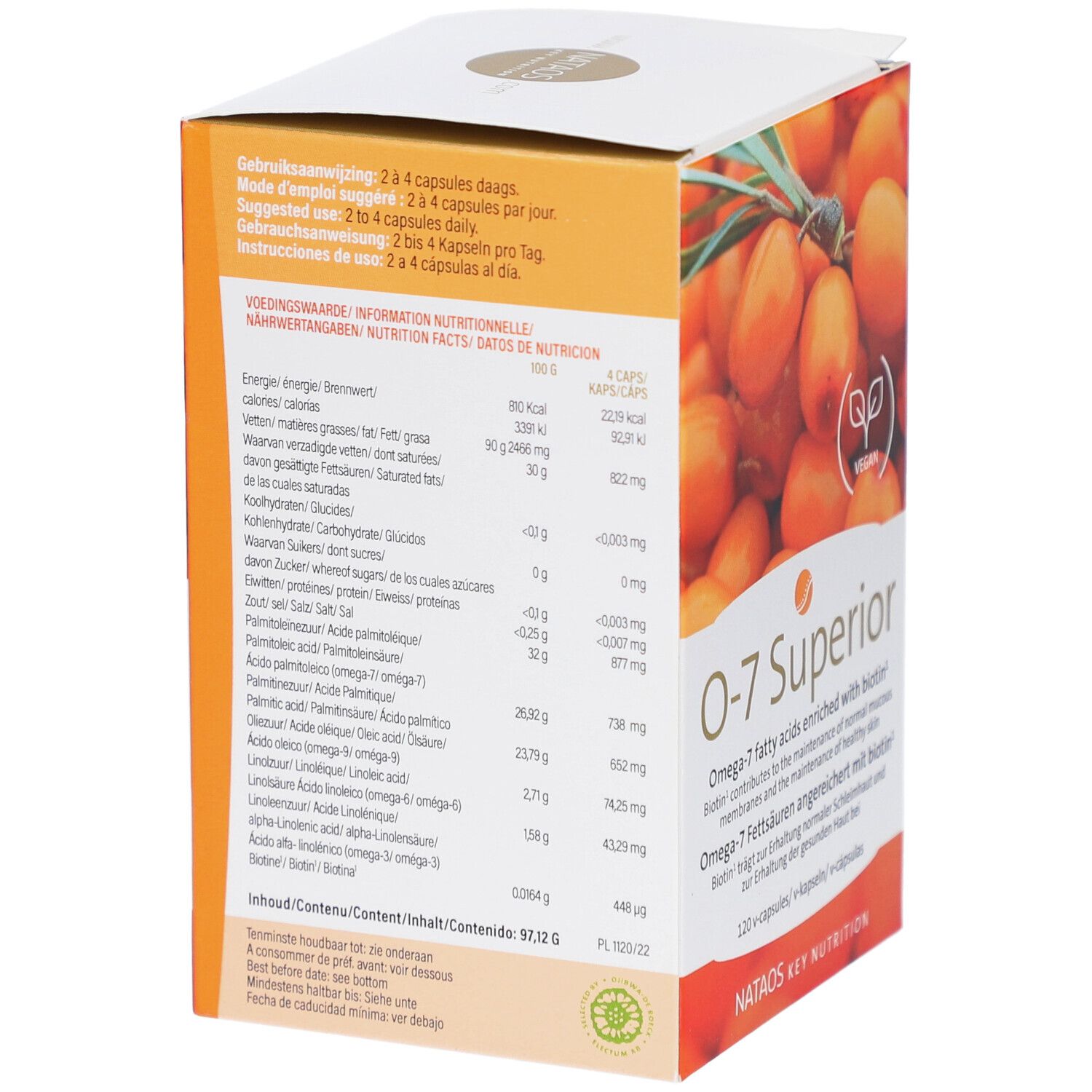 Côté de la boîte de capsules O-7 Superior. Texte : informations nutritionnelles, conseils d'utilisation. Illustration de baies d'argousier. Marque : Nataos Key Nutrition.