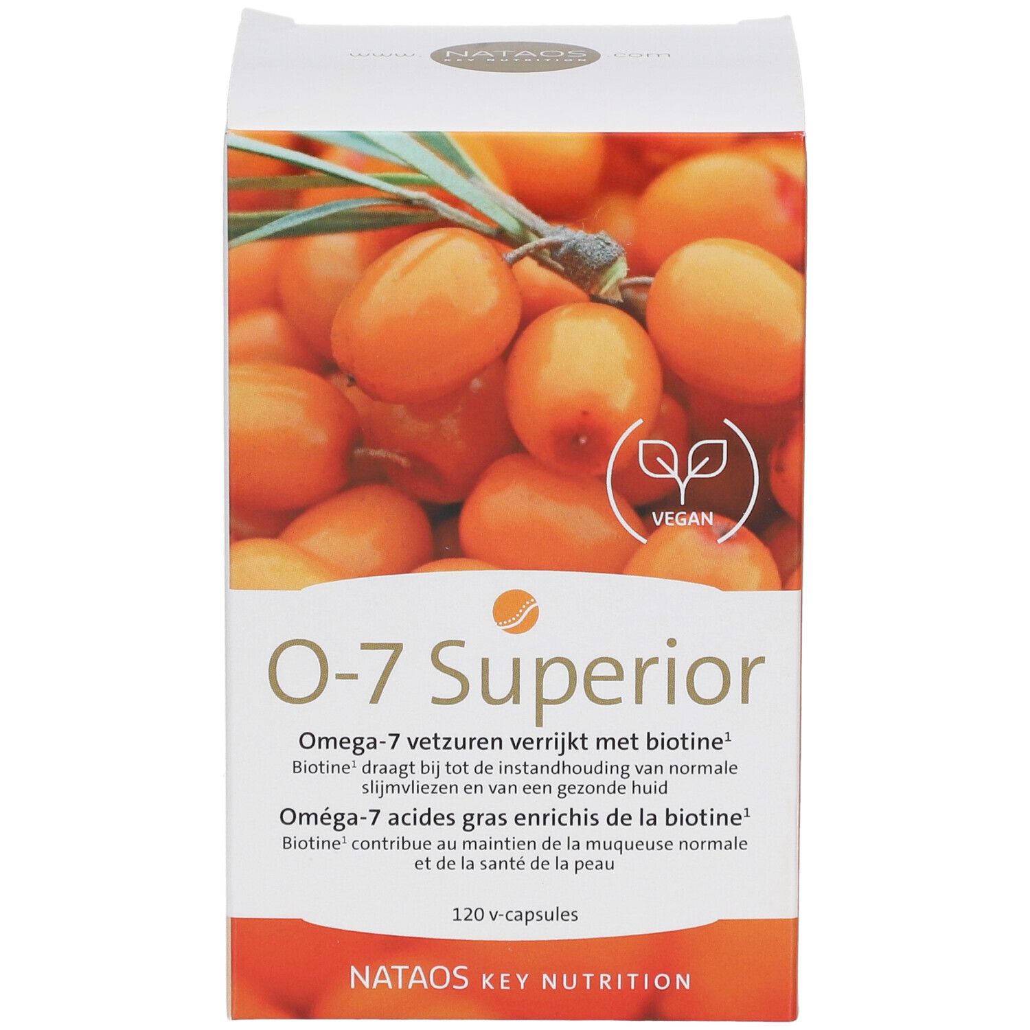 Boîte de capsules O-7 Superior. Illustration de baies d'argousier. Logo végan. Texte : Omega-7, biotine, 120 capsules. Marque : Nataos Key Nutrition.