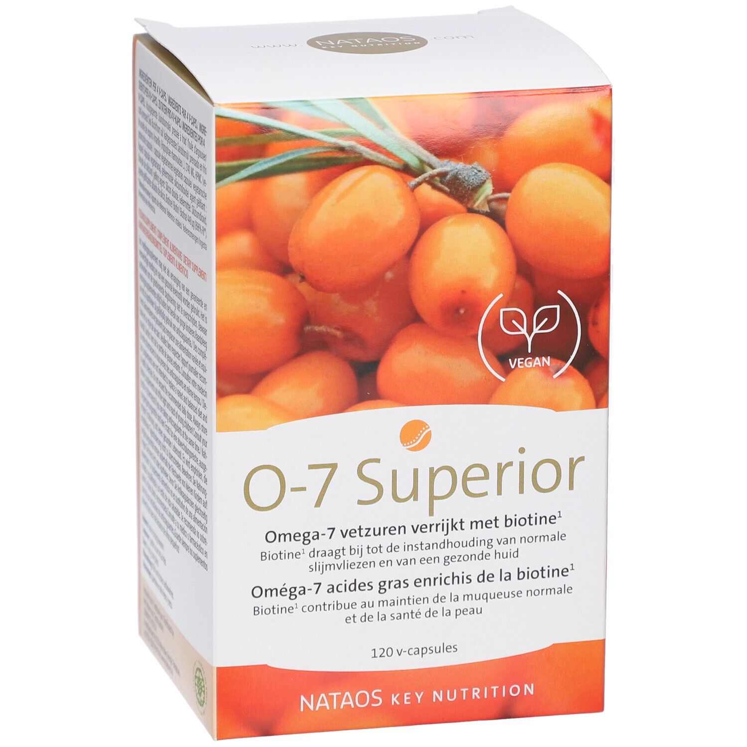 Boîte de capsules O-7 Superior. Illustration de baies d'argousier. Logo végan. Texte : Omega-7, biotine, 120 capsules. Marque : Nataos Key Nutrition.