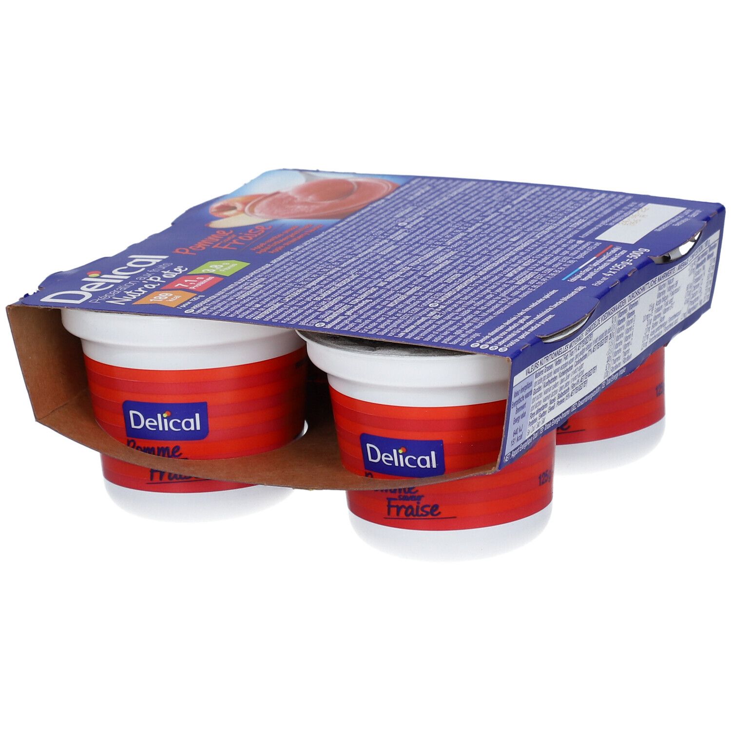 Paquet de quatre pots Delical Nutra'pote Pomme Fraise. Pots rouges, couvercles blancs, emballage bleu.