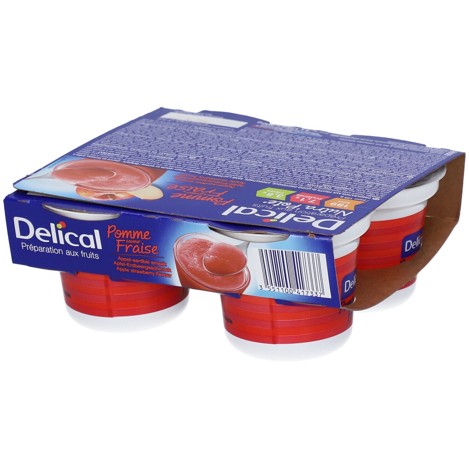 Paquet de quatre pots Delical Nutra'pote Pomme Fraise. Pots rouges, couvercles blancs, emballage bleu.