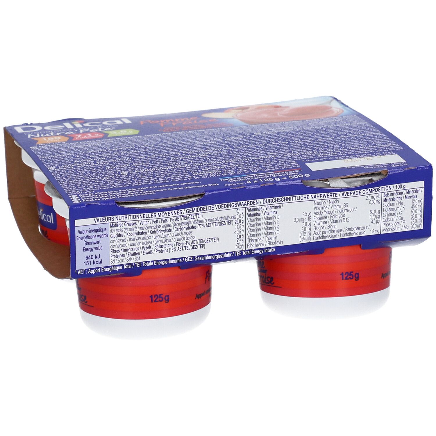 Paquet de deux pots Delical Nutra'pote Pomme Fraise. Pots rouges, couvercles blancs, emballage bleu.