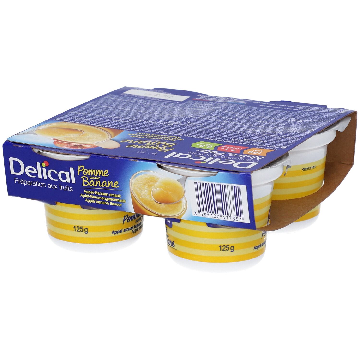 Emballage de Delical Nutra'pote Pomme Banane. Quatre pots dans un emballage carton. Pots à rayures jaunes et couvercle blanc.