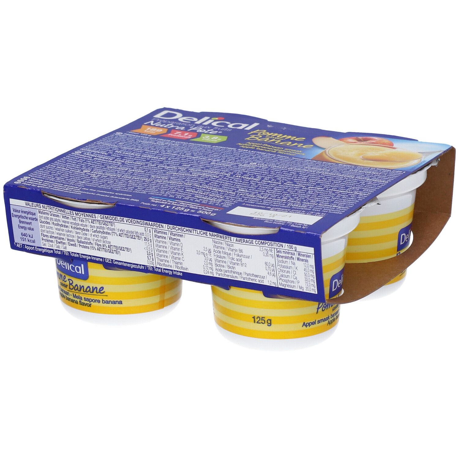 Emballage de Delical Nutra'pote Pomme Banane. Quatre pots dans un emballage carton. Pots à rayures jaunes et couvercle blanc.