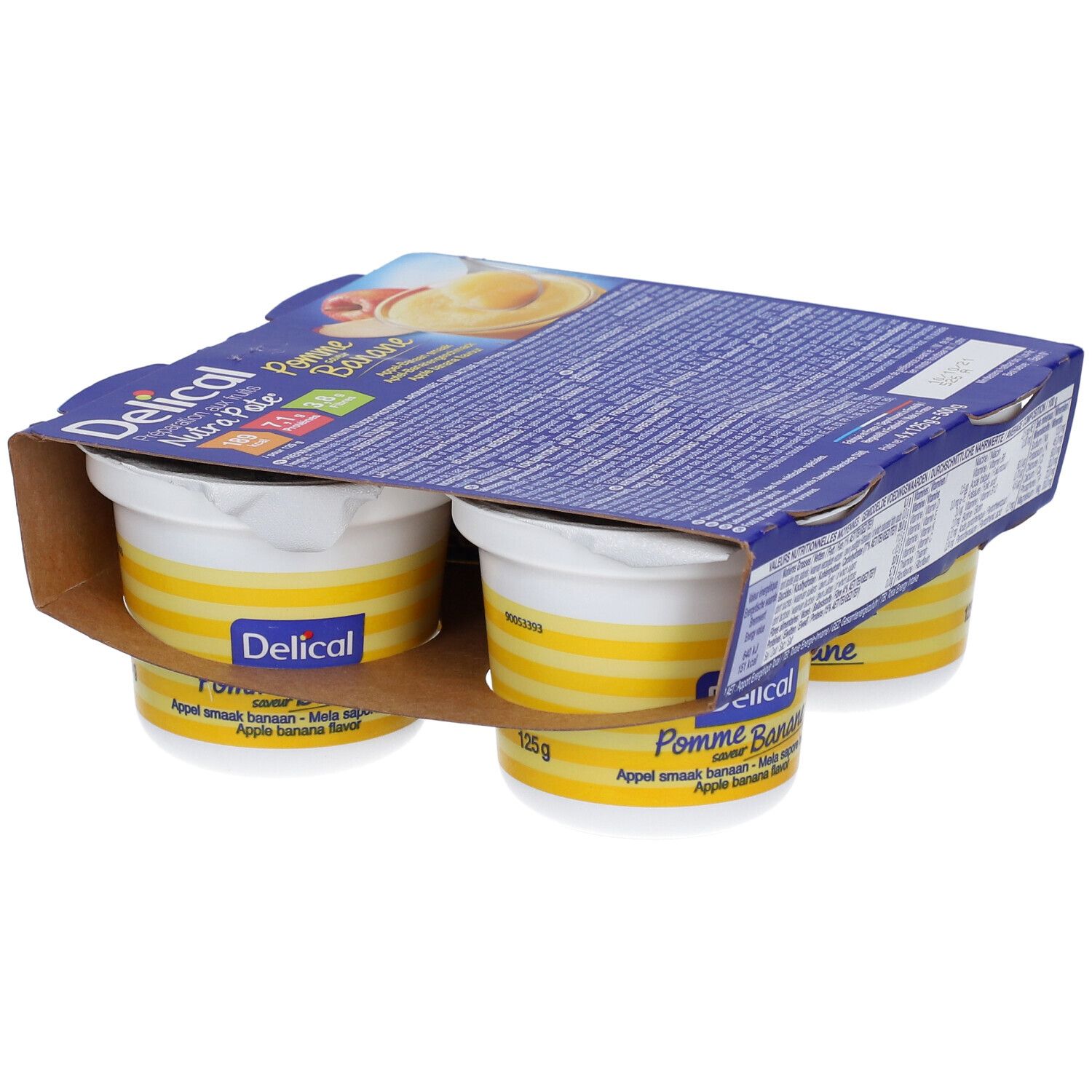 Emballage de Delical Nutra'pote Pomme Banane. Quatre pots dans un emballage carton. Pots à rayures jaunes et couvercle blanc.