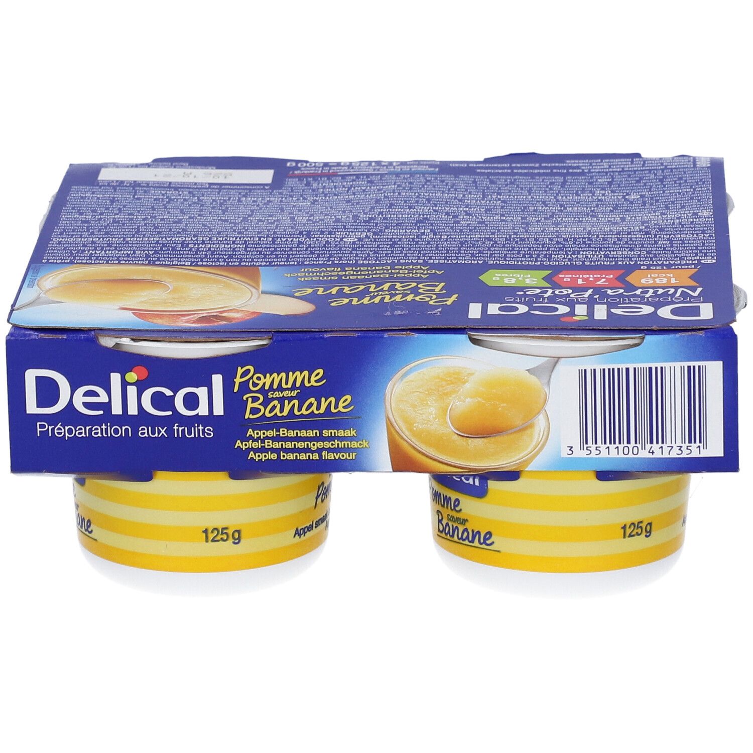 Emballage de Delical Nutra'pote Pomme Banane. Quatre pots dans un emballage carton. Pots à rayures jaunes et couvercle blanc.