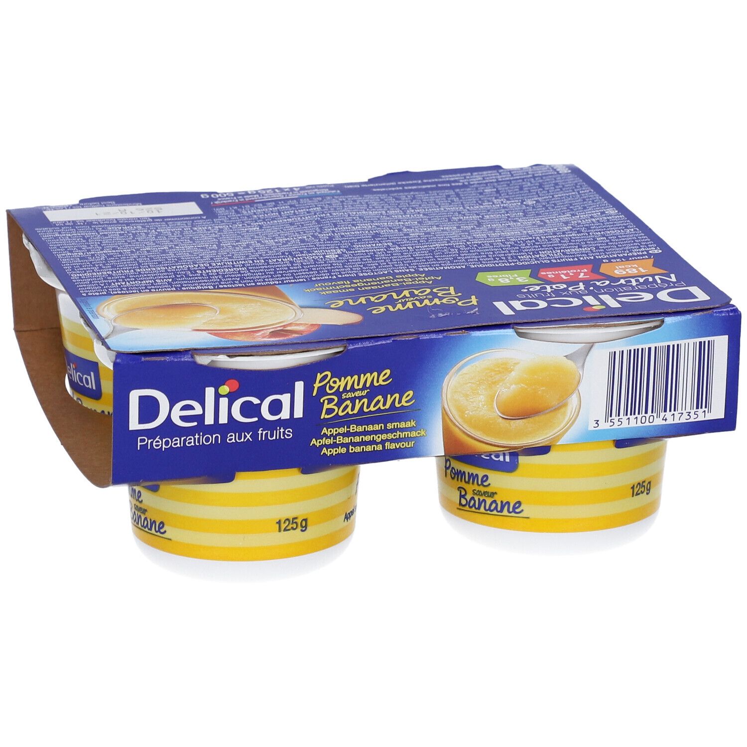 Emballage de Delical Nutra'pote Pomme Banane. Quatre pots dans un emballage carton. Pots à rayures jaunes et couvercle blanc.