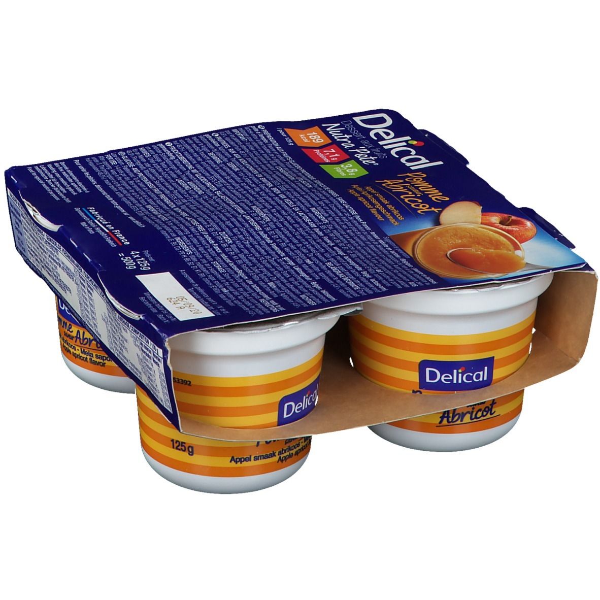 Emballage de quatre pots Delical Nutra'pote Pomme Abricot. Pots avec couvercles, emballés dans du carton. Informations nutritionnelles imprimées.